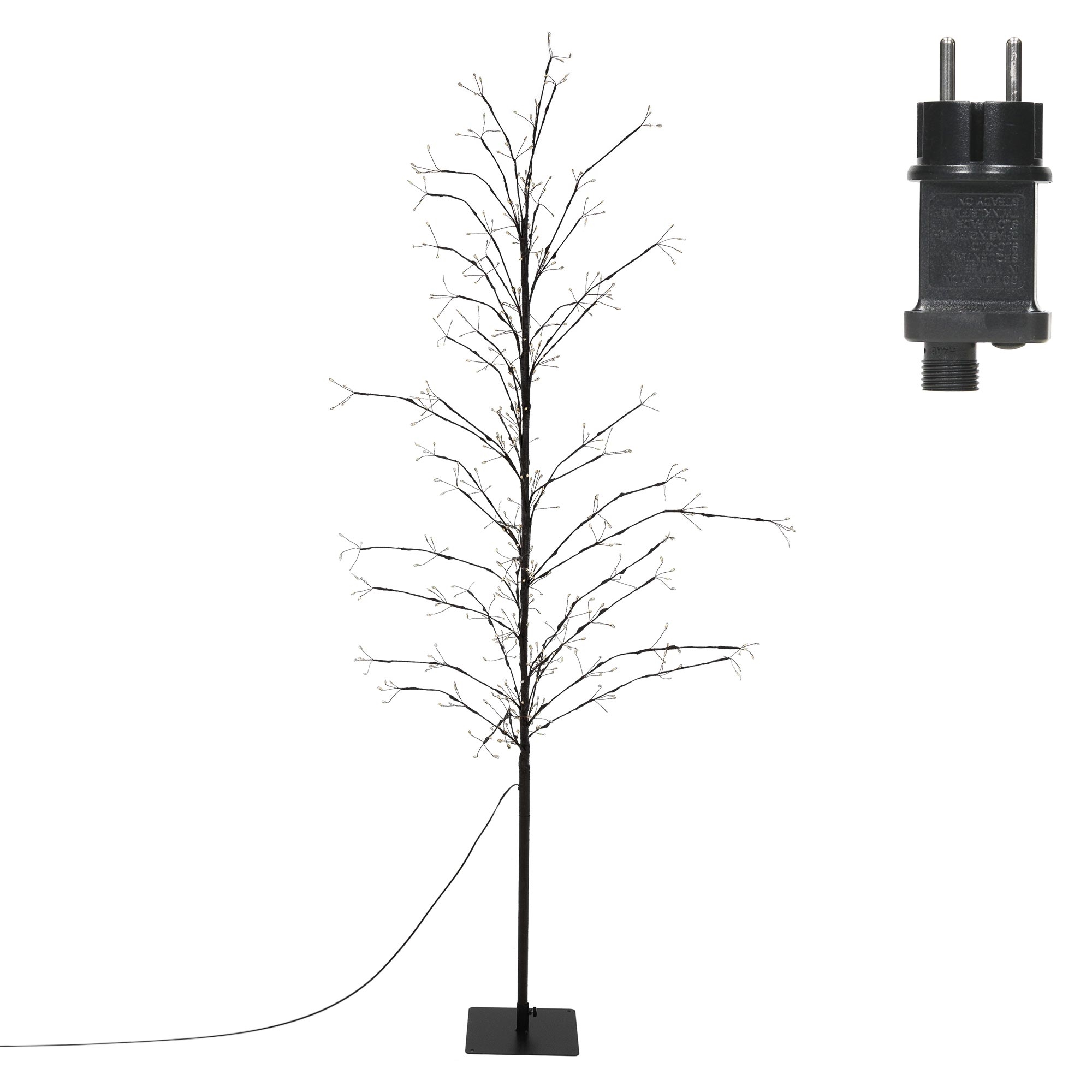 Ein dekorativer Baum mit kleinen Lichtern. Ein Netzstecker ist rechts oben abgebildet.