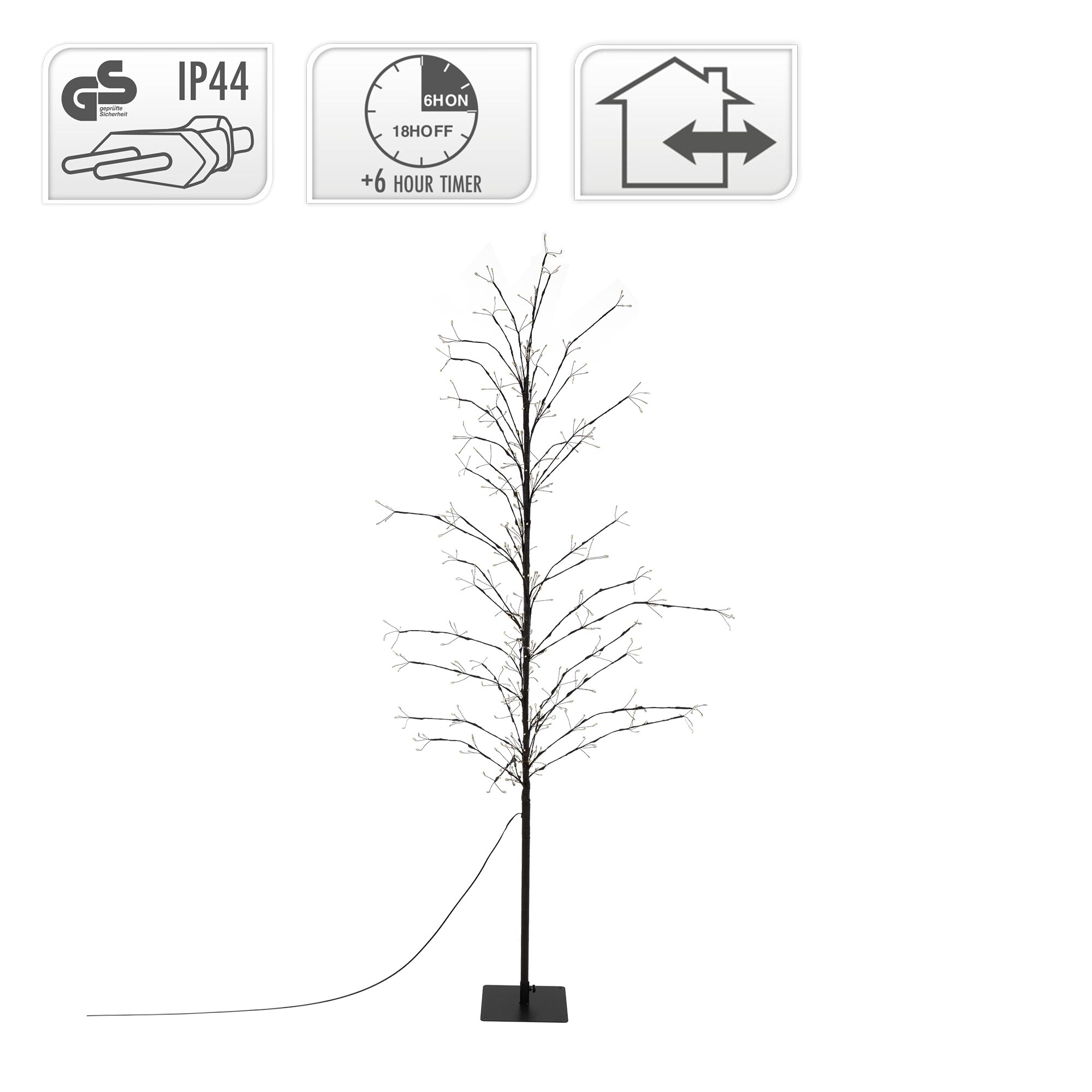 Ein dekorativer schwarzer Baum mit kleinen Lichtern. Symbole oben zeigen IP44, einen Timer und ein Haus mit Pfeilen.