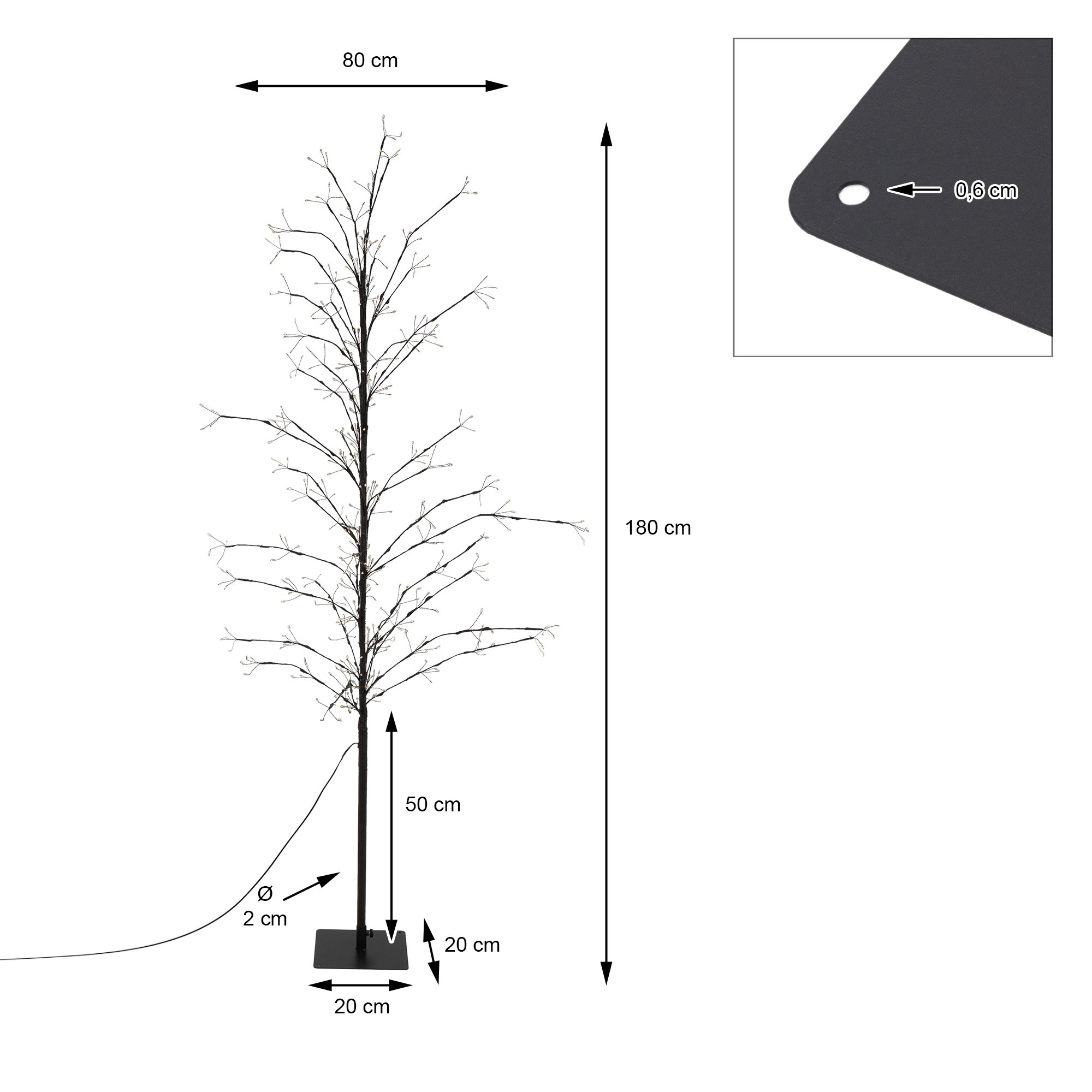 Ein dekorativer Baum mit Lichtern. Er hat einen schwarzen Sockel, Stamm und Äste. Die Abmessungen sind in cm angegeben.