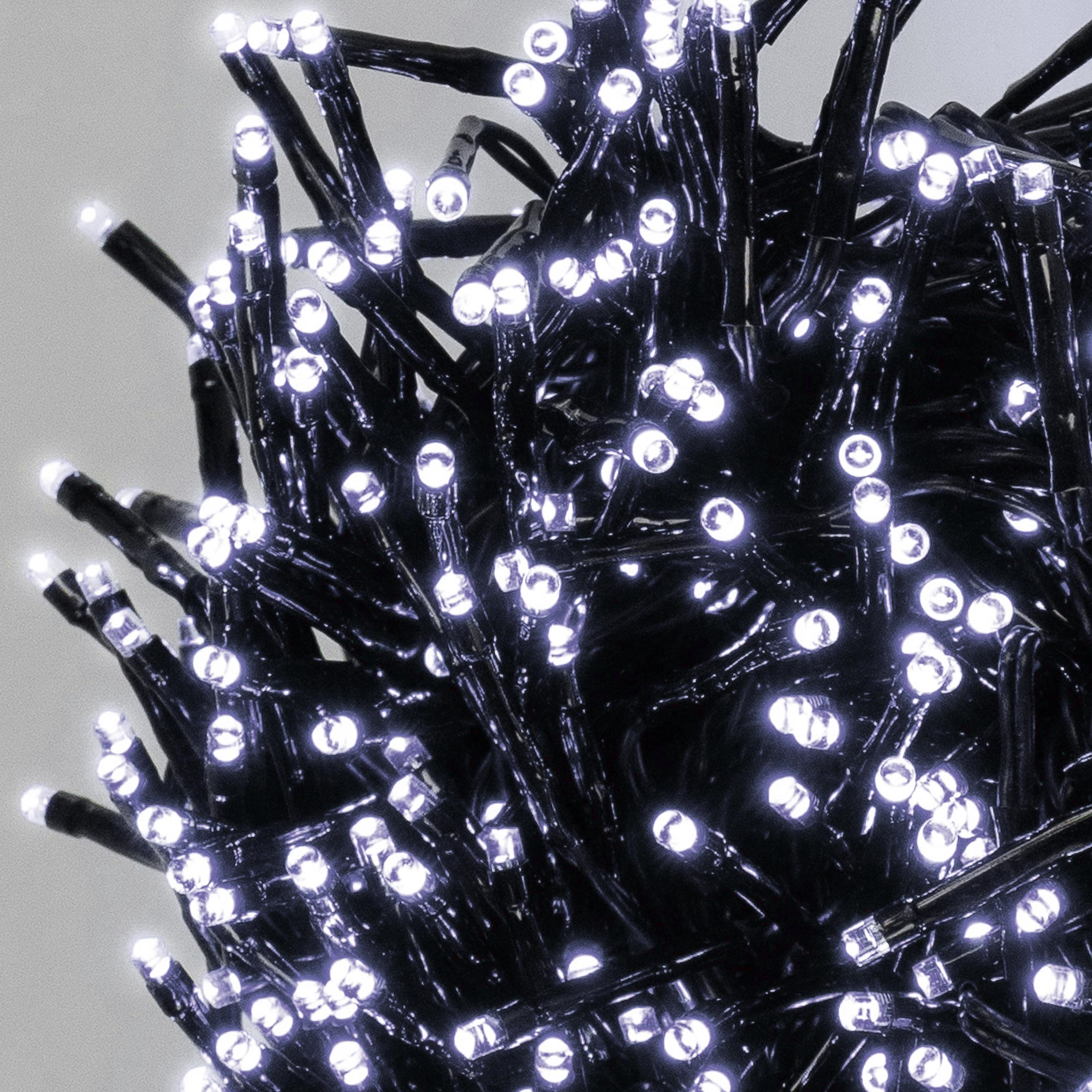 Nahaufnahme eines Bündels weißer LED-Leuchten an schwarzen Drähten, vor hellem grauem Hintergrund. Die Lichter sind hell.
