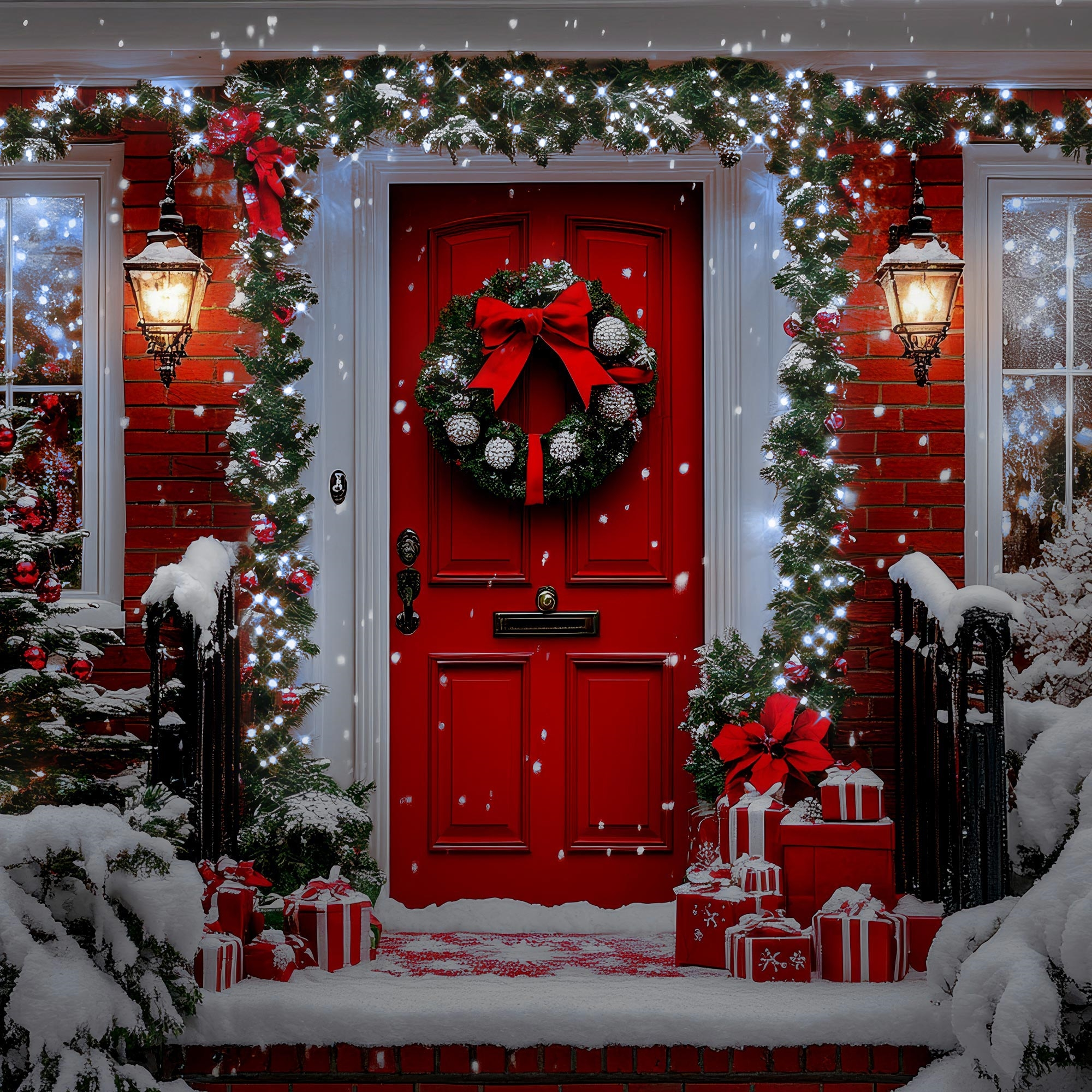 Rote Tür, Kranz, Geschenke und Schnee. Weihnachtsdekorationen am Eingang eines Backsteinhauses.