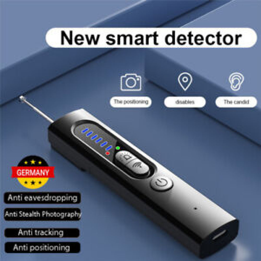 Ein schwarzer intelligenter Detektor mit Display, Knöpfen und Antenne. Text: Anti-Abhören, Anti-Tracking usw.