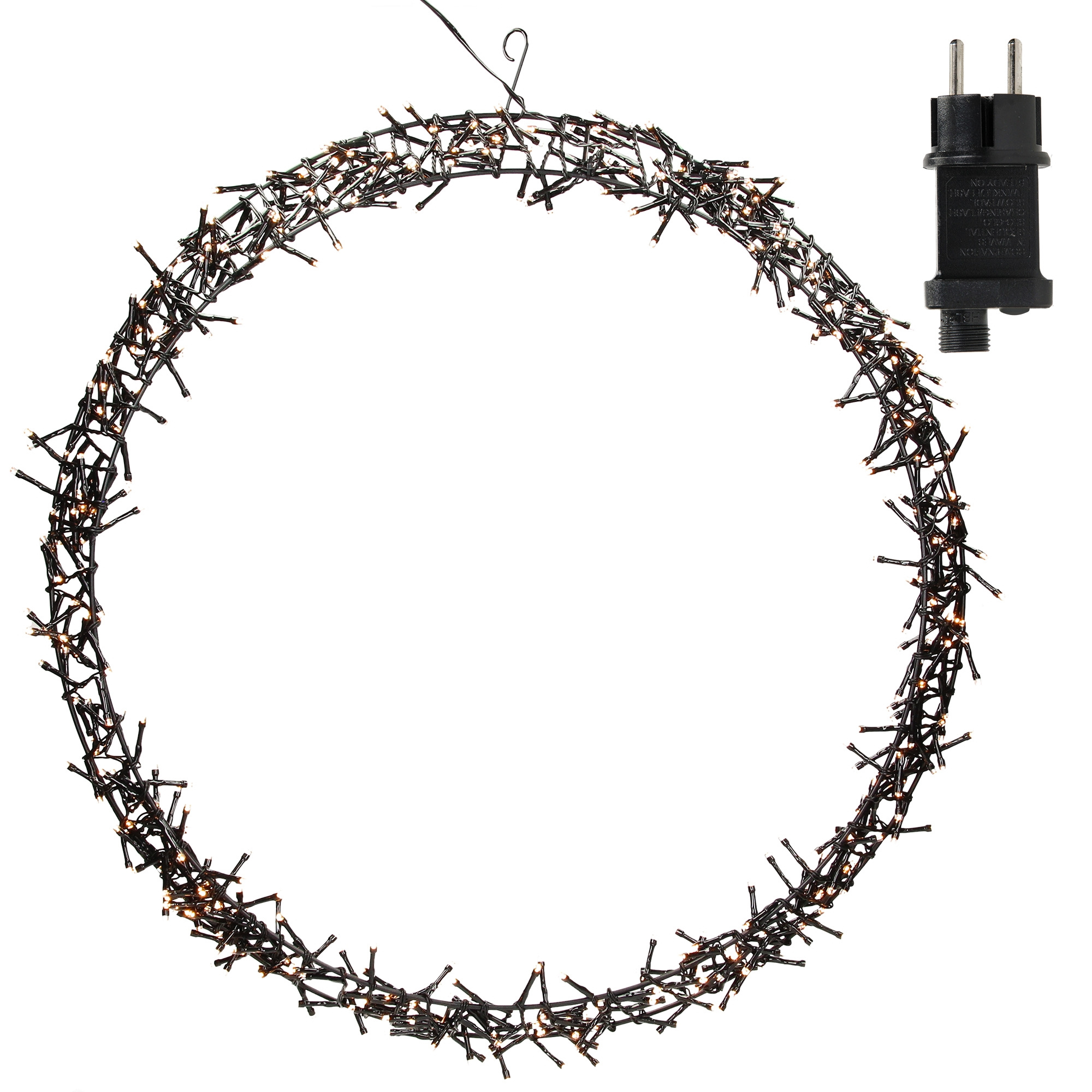 Ein kreisförmiger Lichterkette mit Stecker rechts. Warmweiße Lichter auf schwarzer Basis.