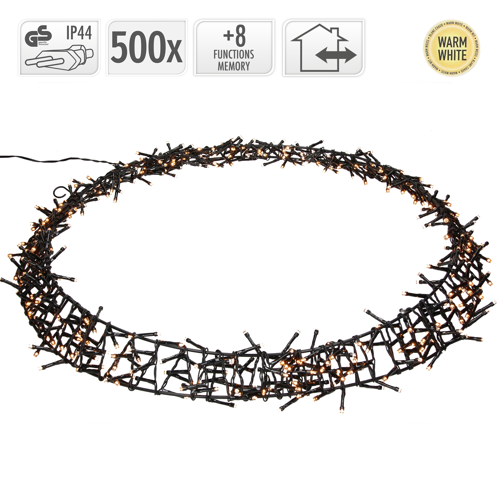 Ein Ring aus schwarzen Weihnachtslichtern mit warmweißen Lichtern auf weißem Hintergrund, mit Symbolen oben.