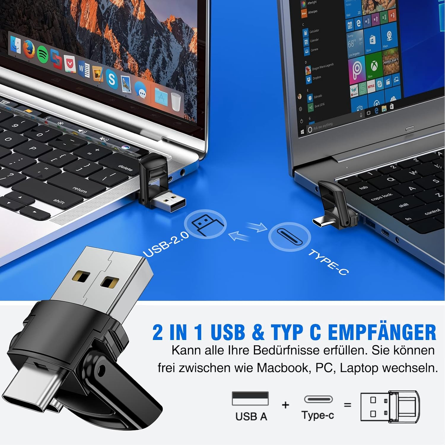 Zwei Laptops mit USB-2.0- und Typ-C-Adaptern. Ein 2-in-1 USB & Typ-C-Empfänger wird mit USB A- und Typ-C-Symbolen gezeigt.