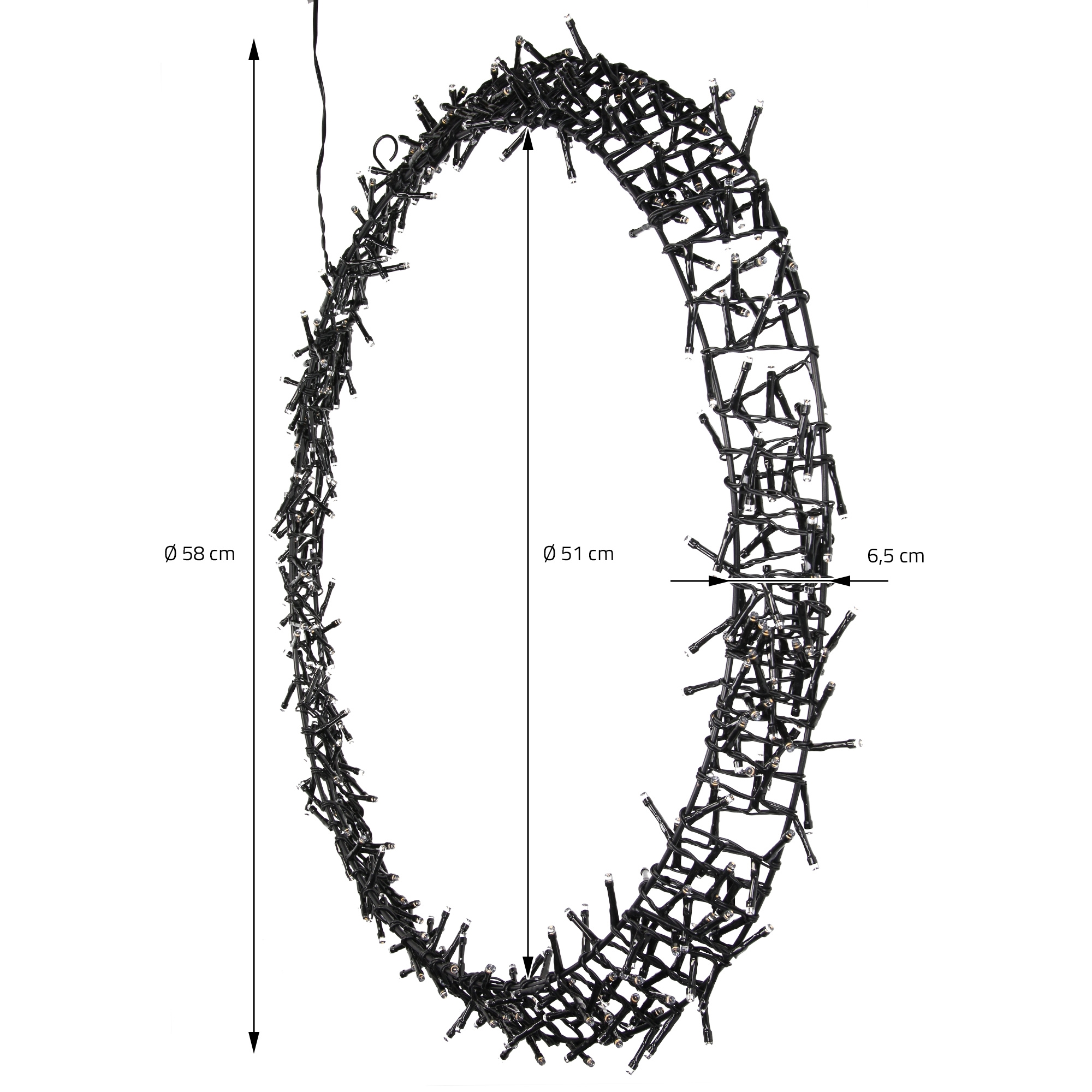 Kreisförmige Weihnachtsbeleuchtung. Schwarzer Draht mit kleinen weißen Lichtern. Abmessungen: 58 cm Durchmesser, 51 cm Innendurchmesser, 6,5 cm Breite.