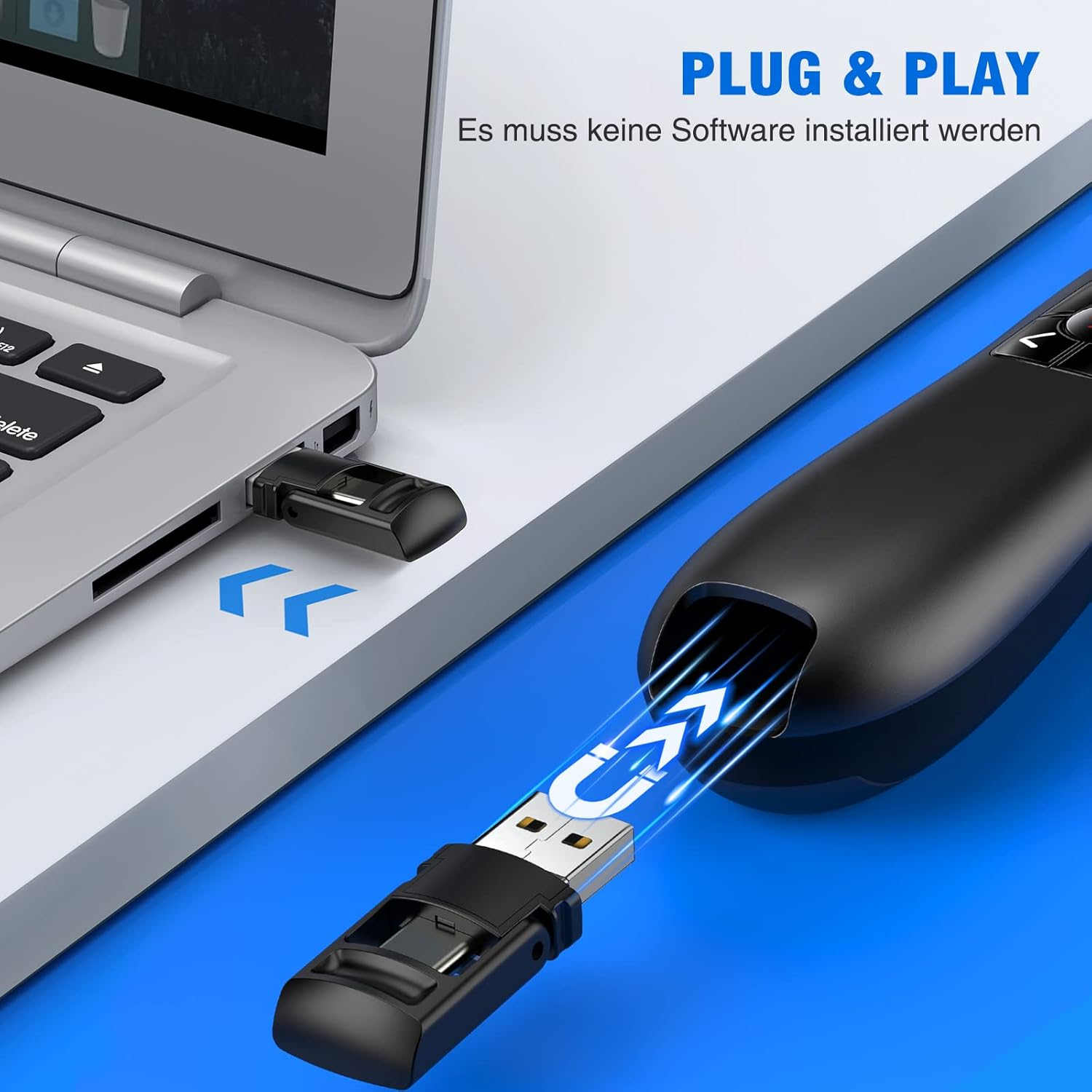 Ein schwarzer Präsentator ist per USB mit einem Laptop verbunden. Blaue Pfeile und der Text 'Plug & Play' sind sichtbar.