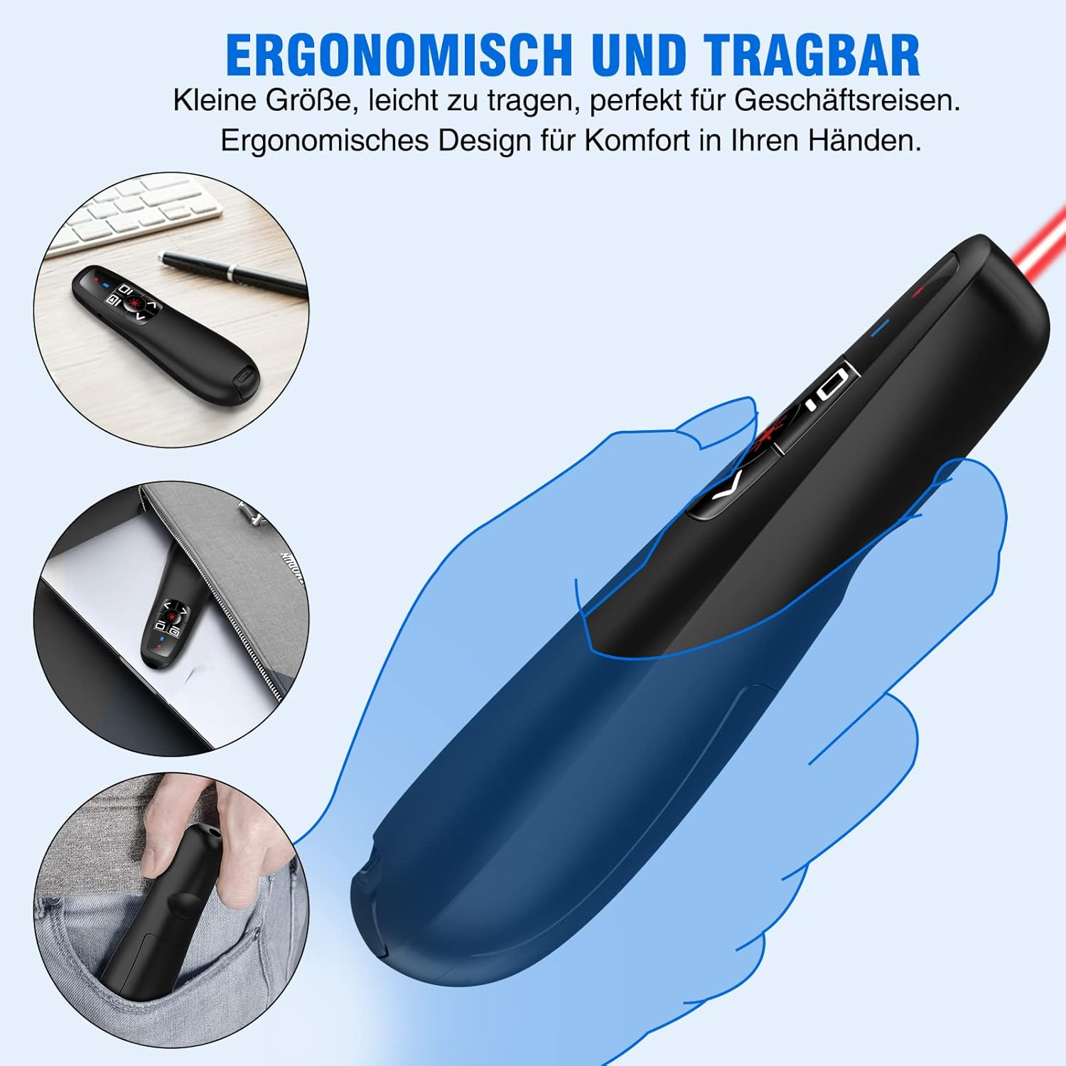 Eine schwarze Präsentationsfernbedienung mit rotem Laser, gehalten in einer blauen Hand. Text lautet 'Ergonomisch und tragbar'.