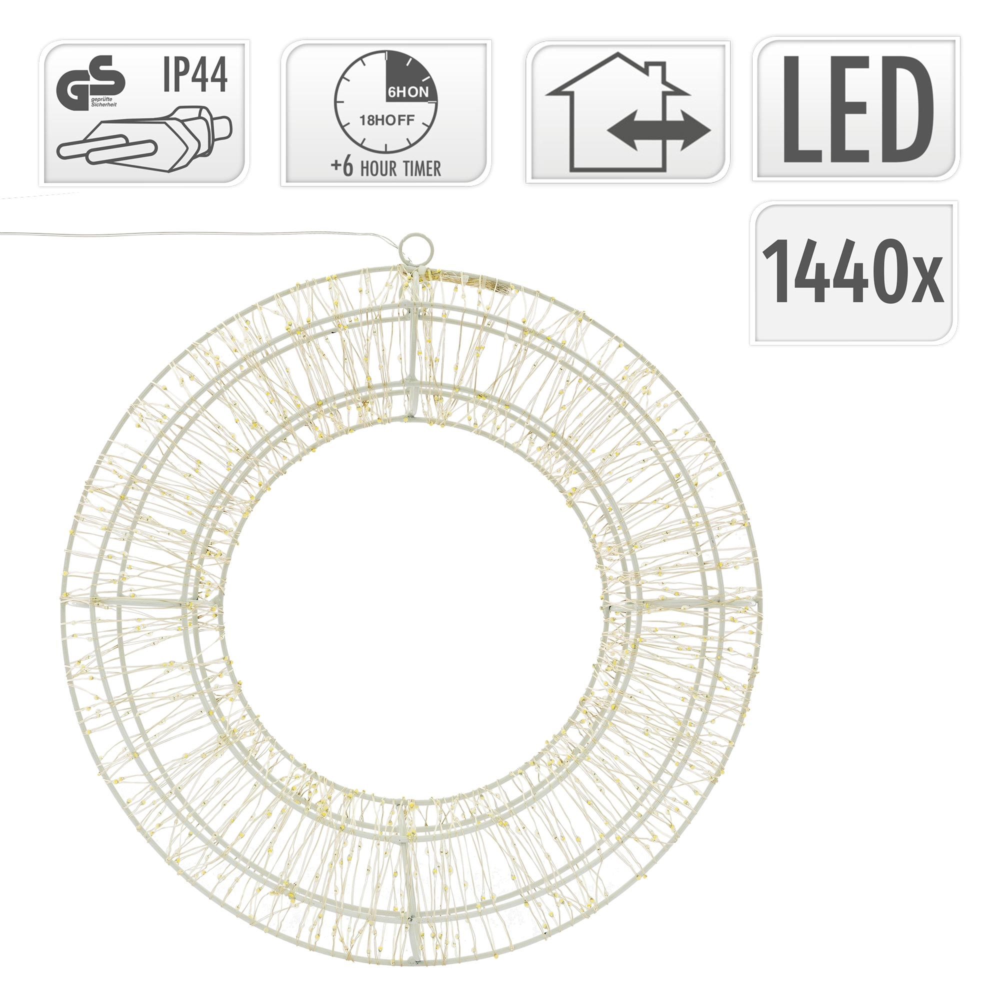 Ein weißer, beleuchteter Ring mit eingebetteten LED-Leuchten. Oben befinden sich verschiedene Symbole, darunter LED und 1440x.
