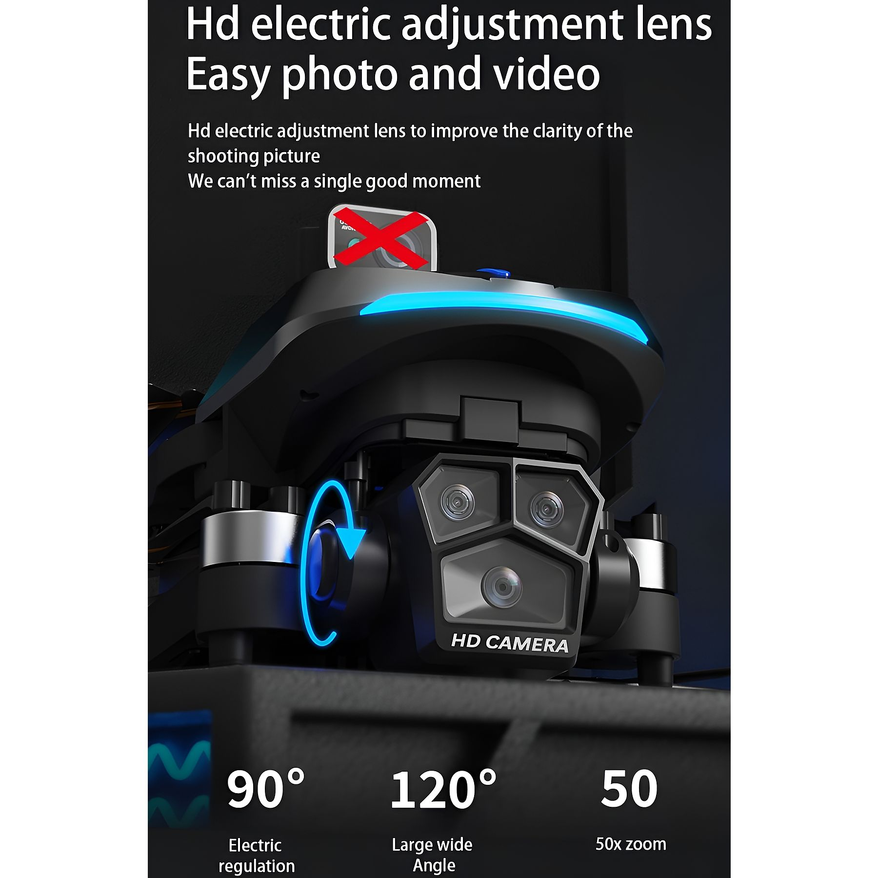 Eine Drohne mit HD-Kamera wird angezeigt, mit 90-Grad-Elektroregulierung, 120-Grad-Weitwinkel und 50-fachem Zoom.