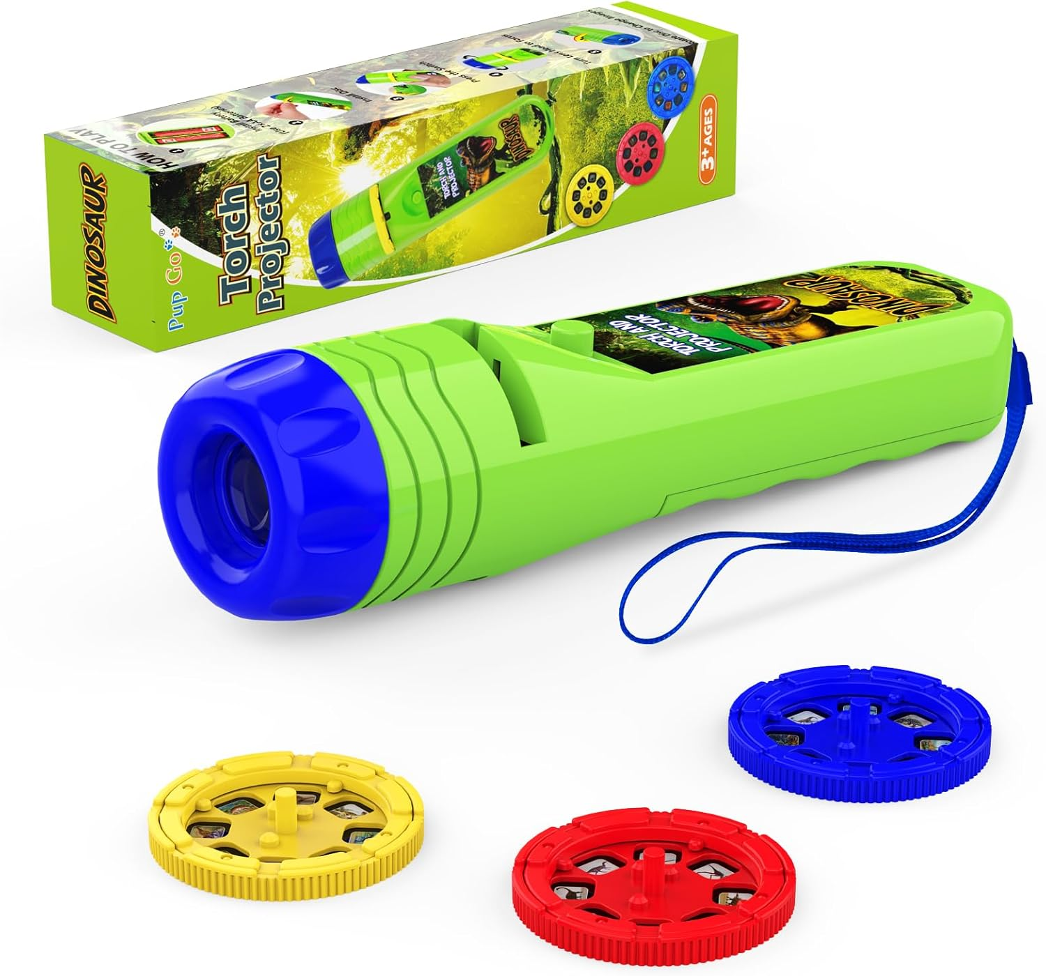 Ein grünes und blaues Dinosaurier-Taschenlampen-Projektorspielzeug mit drei farbigen Scheiben und einer Schachtel. Die Scheiben sind gelb, rot und blau.