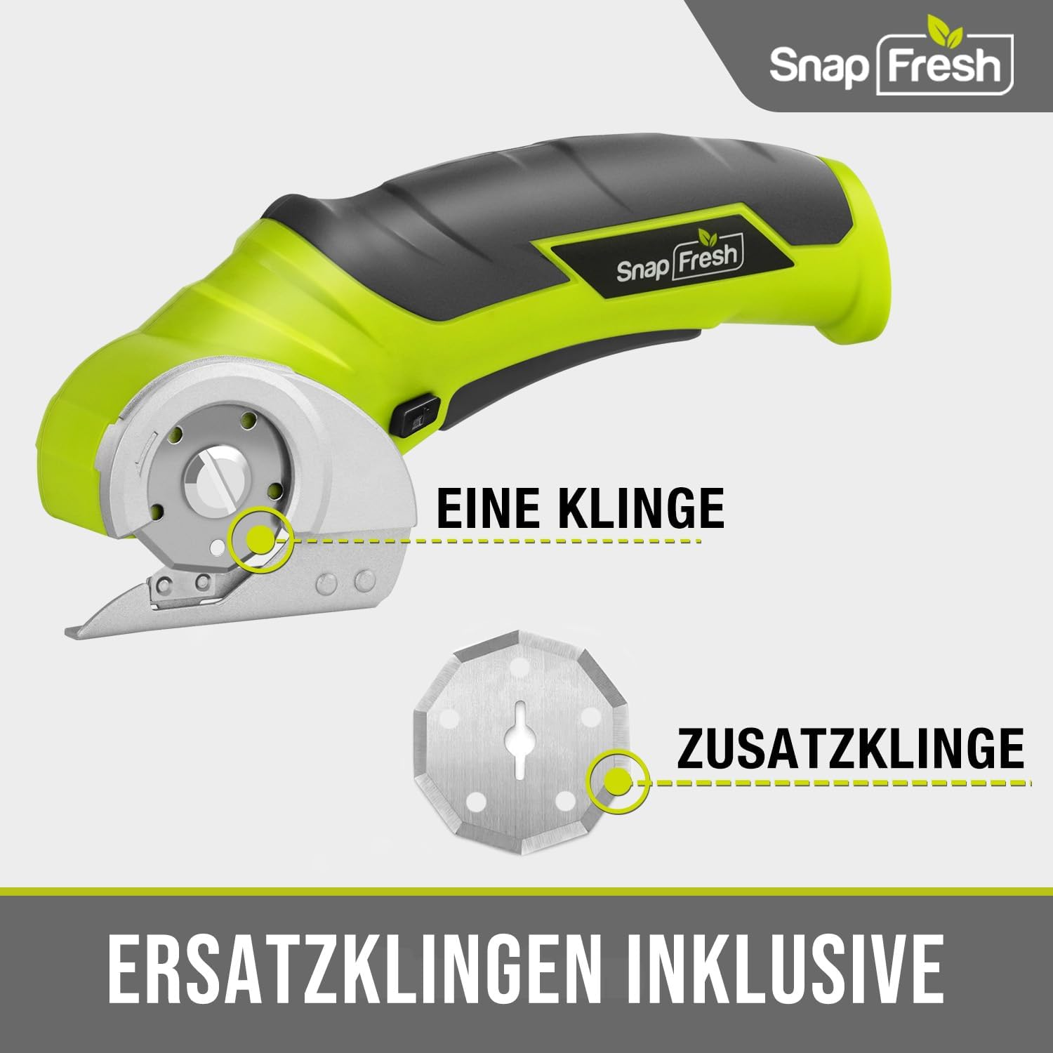Ein grün-schwarzer Elektroschneider mit Klinge und Ersatzklinge. Text: 'Ersatzklingen inklusive'.