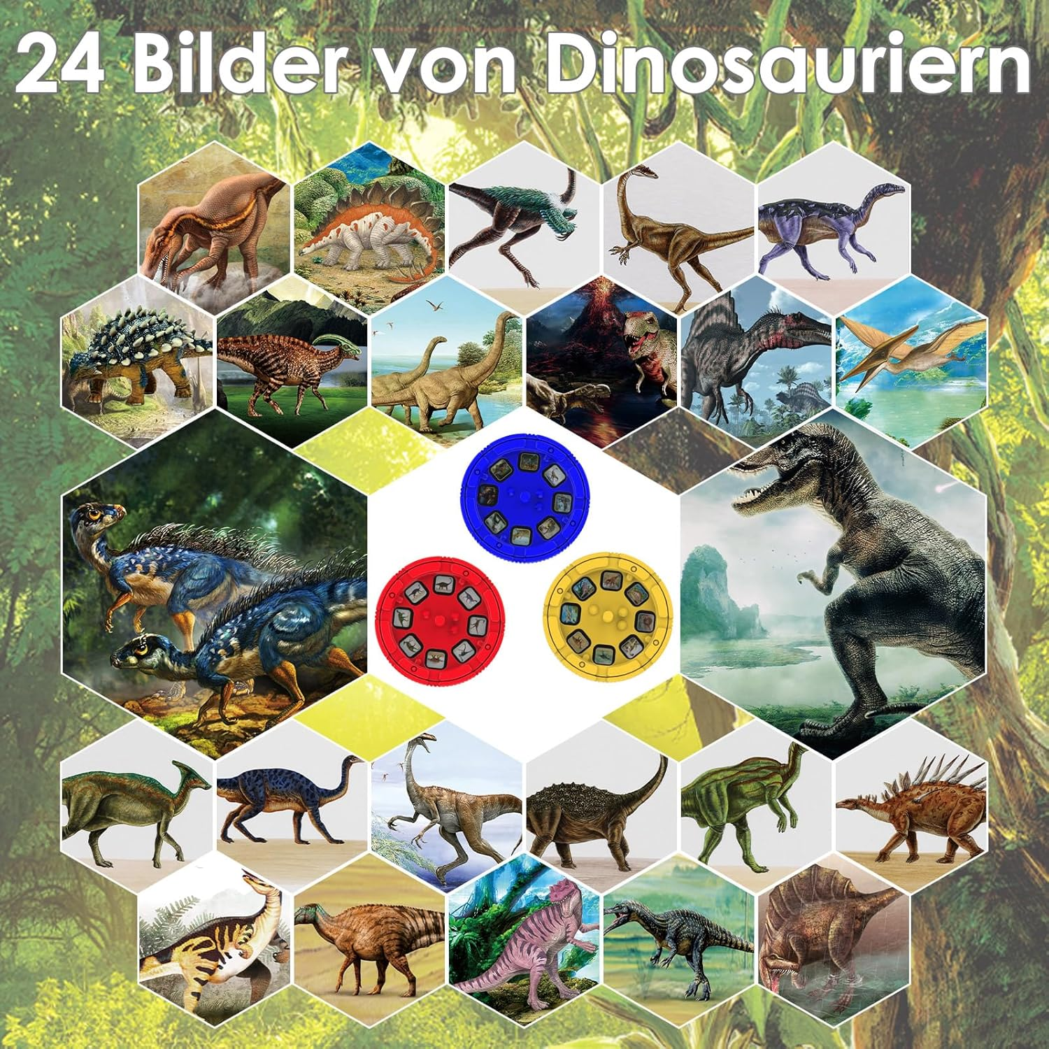 Ein Poster mit 24 Dinosaurierbildern in sechseckigen Rahmen. In der Mitte befinden sich ein blauer, roter und gelber Betrachter. Grüner Hintergrund.