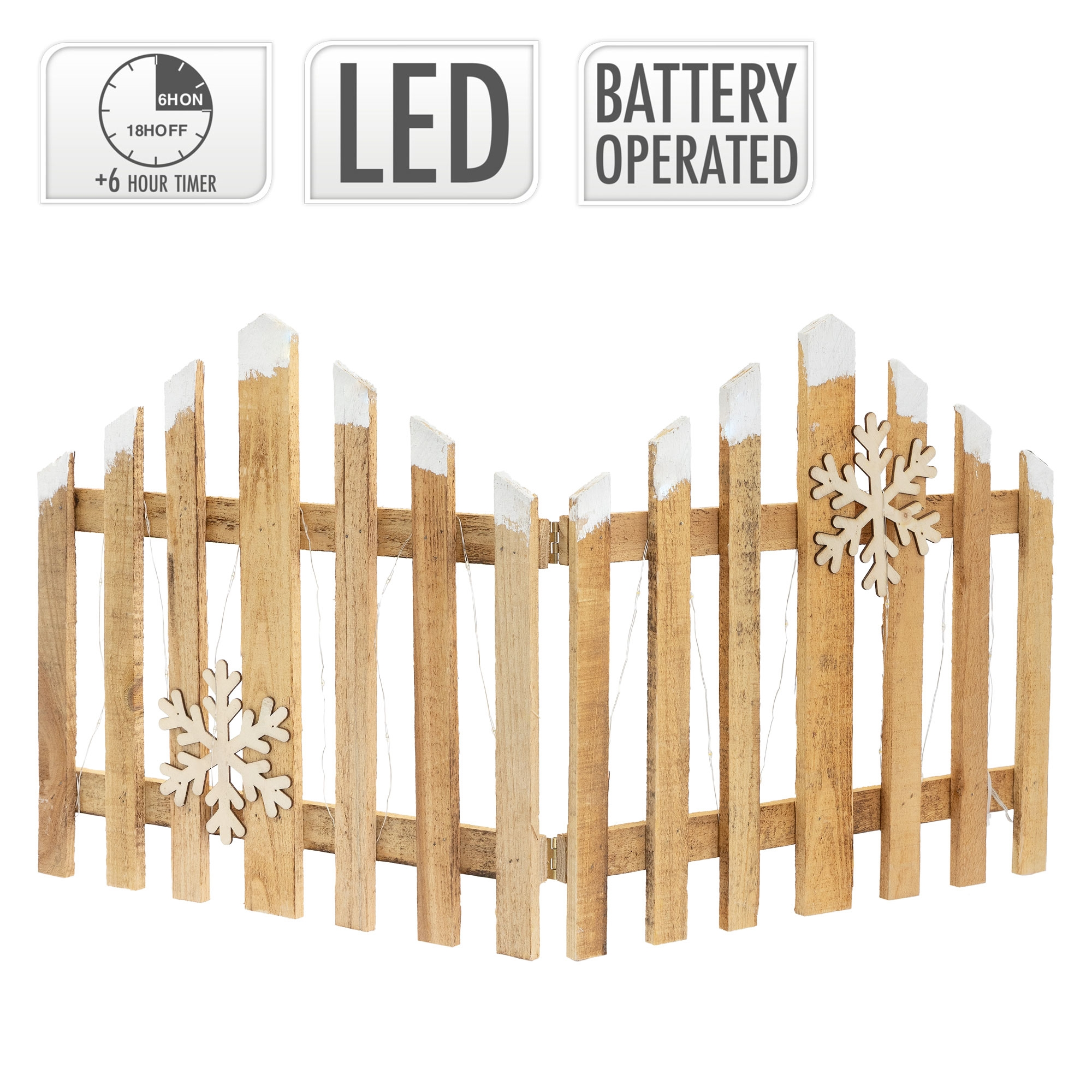Holzzaun mit Schneeflocken-Dekorationen, weiß getippten Pfosten und LED-Lichtern. Batteriebetrieben mit Timerfunktion.