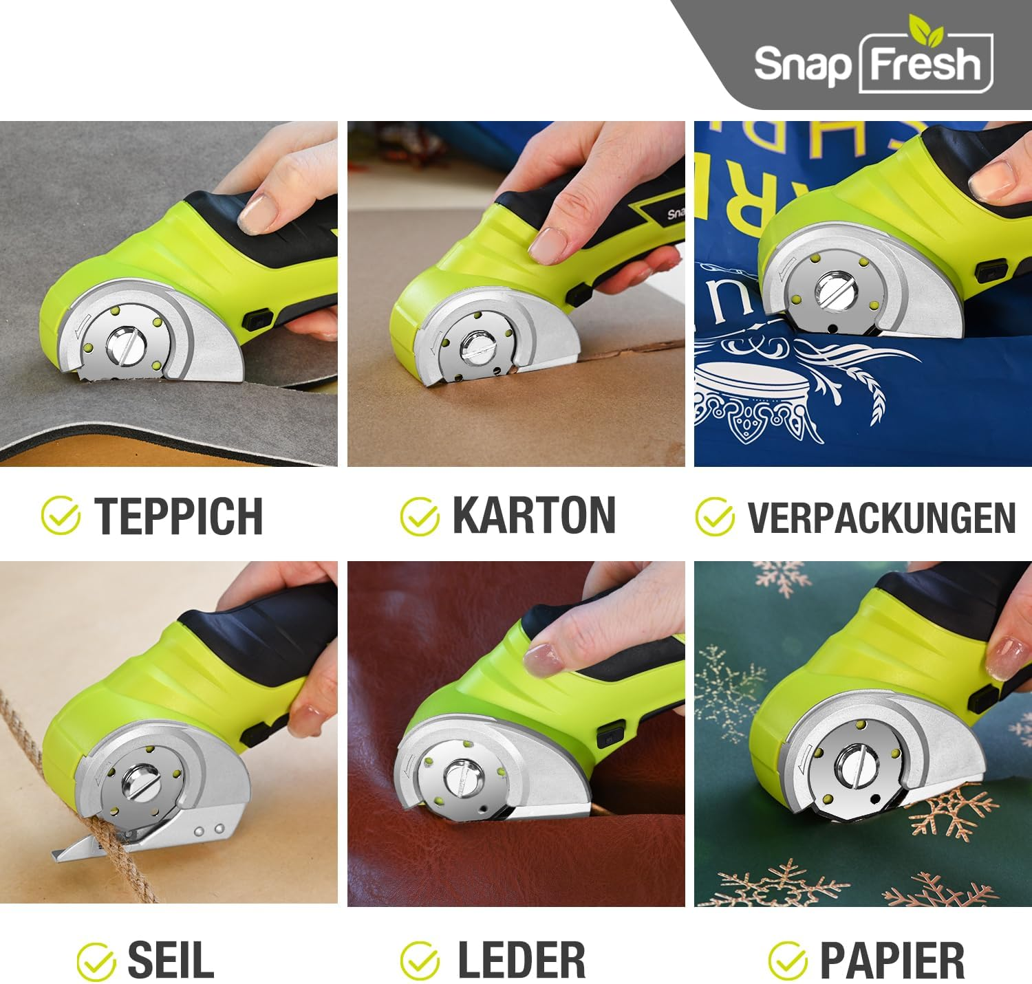 Ein elektrischer Handschneider schneidet verschiedene Materialien wie Teppich, Karton, Verpackung, Seil, Leder und Papier.