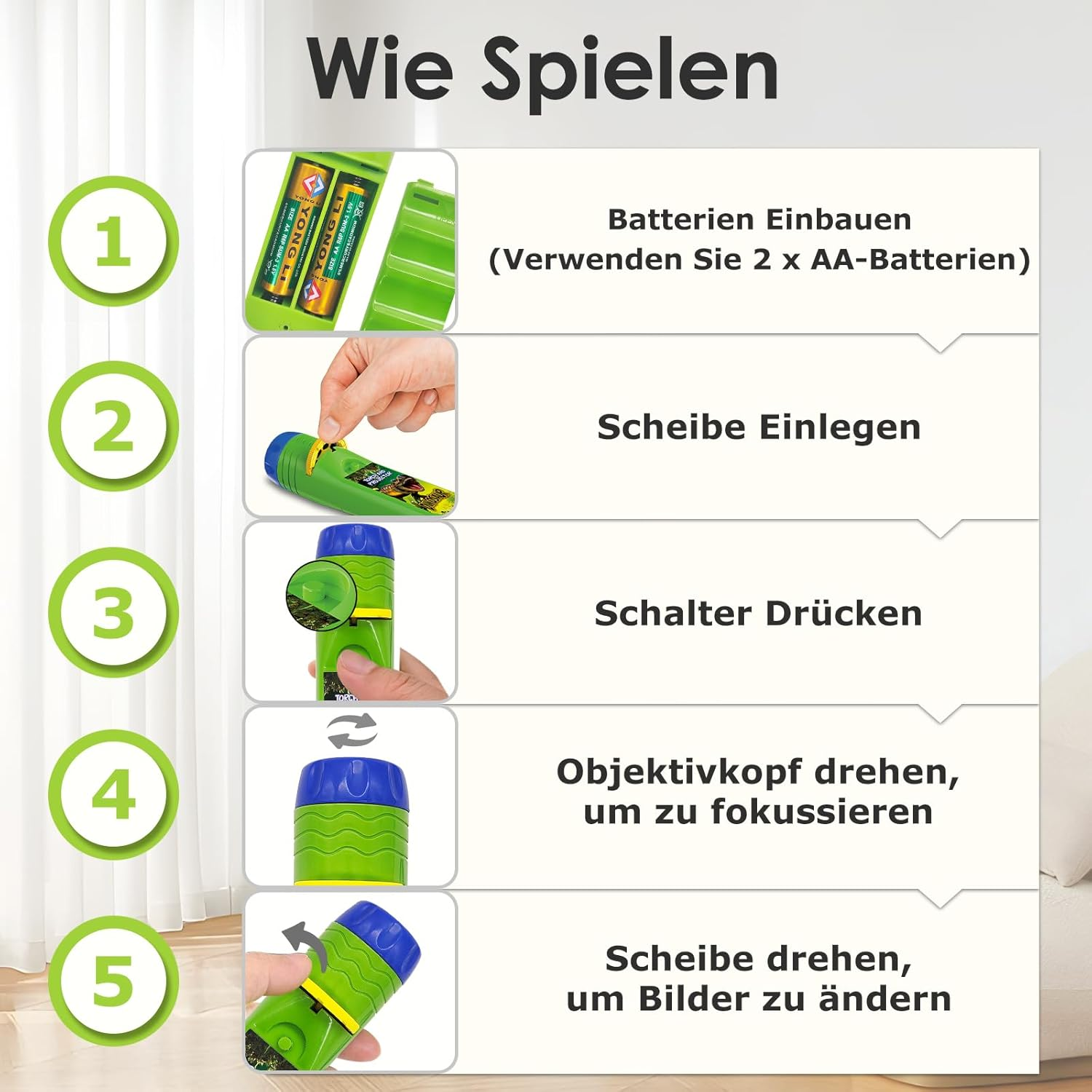 Anleitung: Batterien einlegen, Scheibe einlegen, Schalter drücken, Objektiv drehen und Scheibe drehen, um Bilder zu ändern.