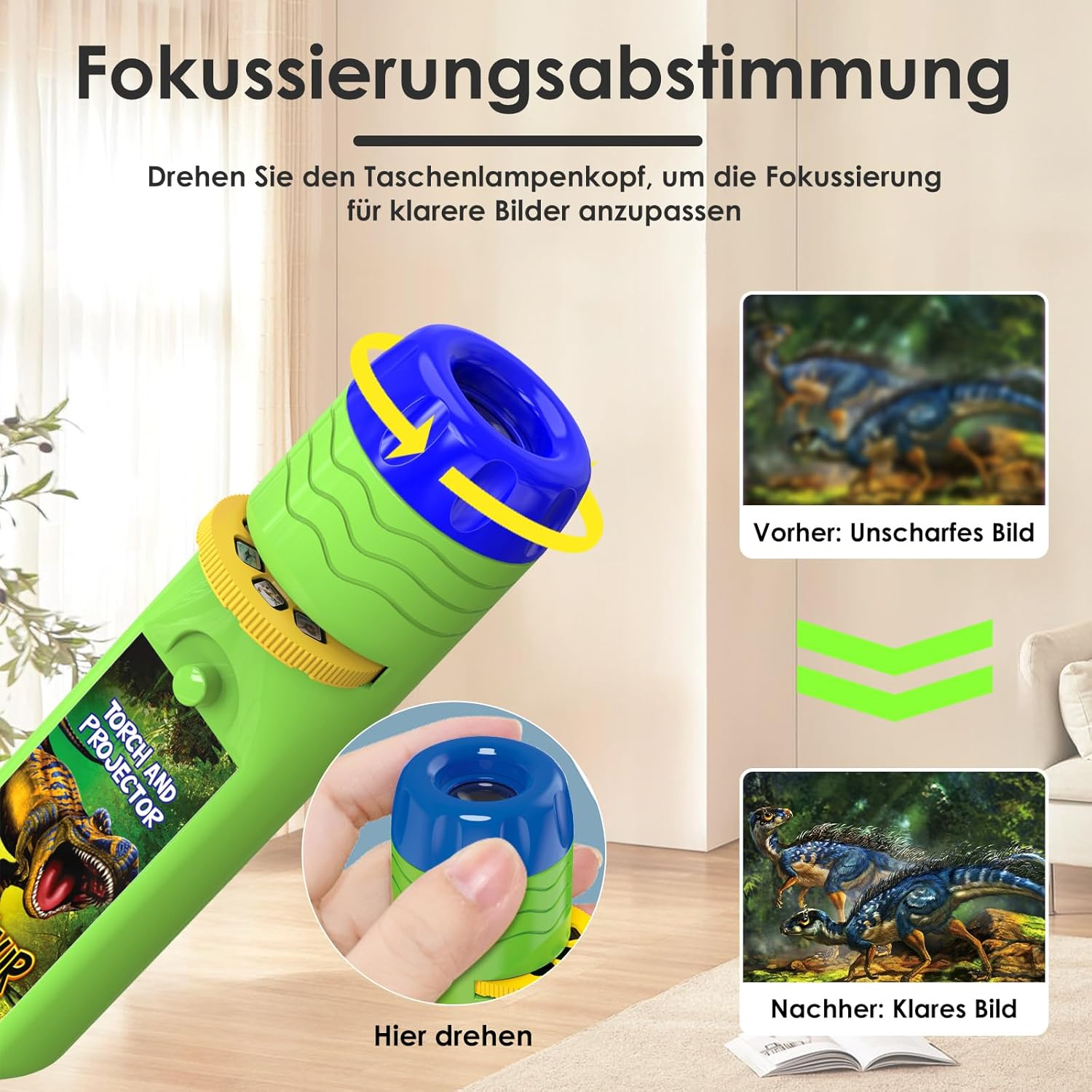 Eine grüne Spielzeug-Taschenlampe mit Dinosaurierbild. Es zeigt, wie man den Fokus für klare Bilder einstellt. Der Hintergrund ist eine weiße Wand.