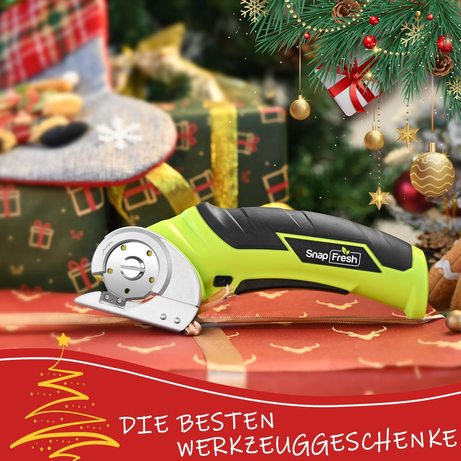 Ein grüner Snap Fresh Rotationsschneider auf einem Geschenk, mit Weihnachtsdekoration im Hintergrund und Text auf Deutsch.