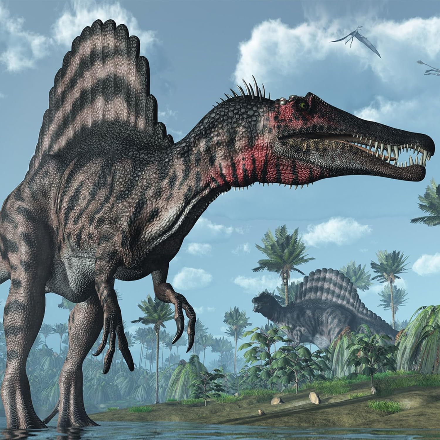 Ein Spinosaurus steht in der Nähe von Wasser, mit einer großen Flosse und einem gestreiften Muster. Andere Dinosaurier und Pterodaktylen sind im Hintergrund.
