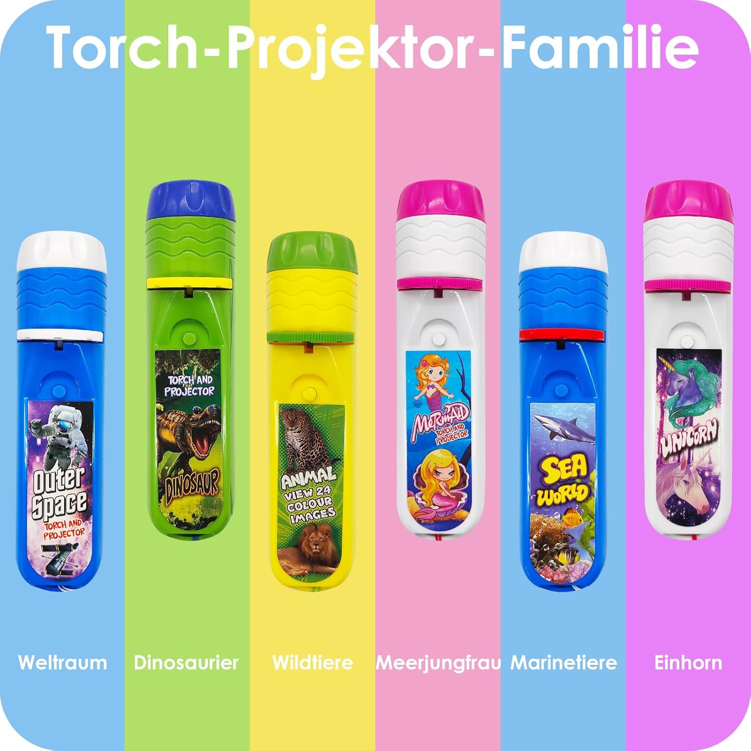 Das Bild zeigt sechs bunte Spielzeugprojektoren mit verschiedenen Themen: Weltraum, Dinosaurier, wilde Tiere, Meerjungfrau, Meereswelt und Einhorn.