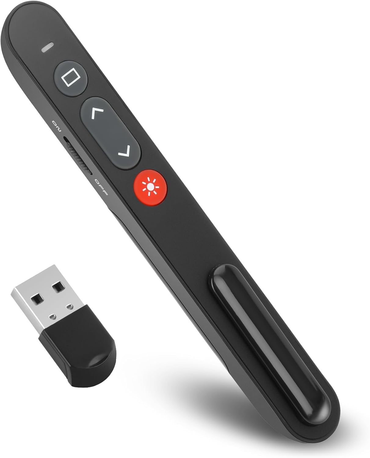Eine schwarze Präsentationsfernbedienung mit USB-Empfänger. Sie hat Tasten zur Präsentationssteuerung und eine rote Kontrollleuchte.