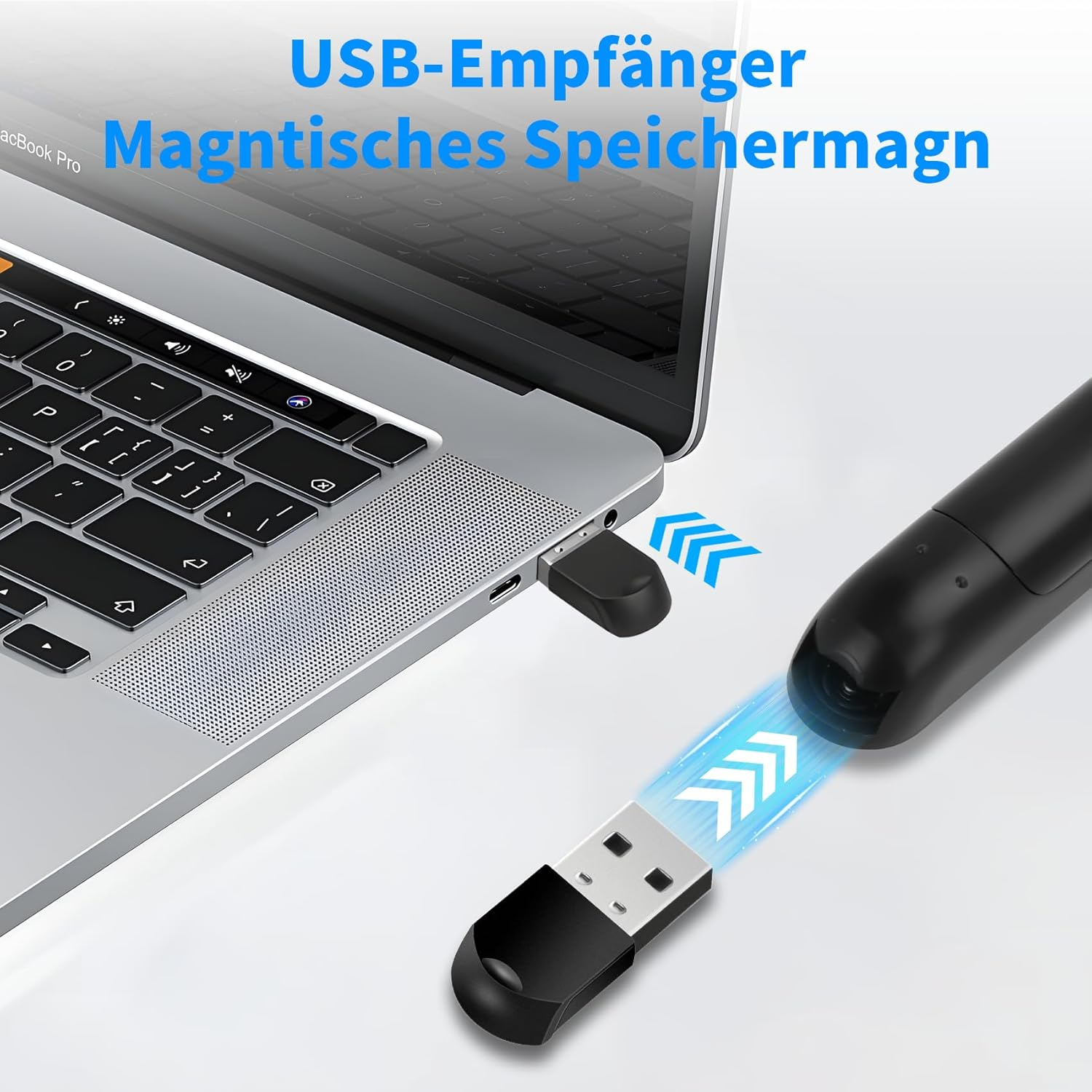Ein Laptop mit USB-Empfänger. Ein schwarzes Gerät verbindet sich mit dem USB. Pfeile zeigen die Datenübertragung an.