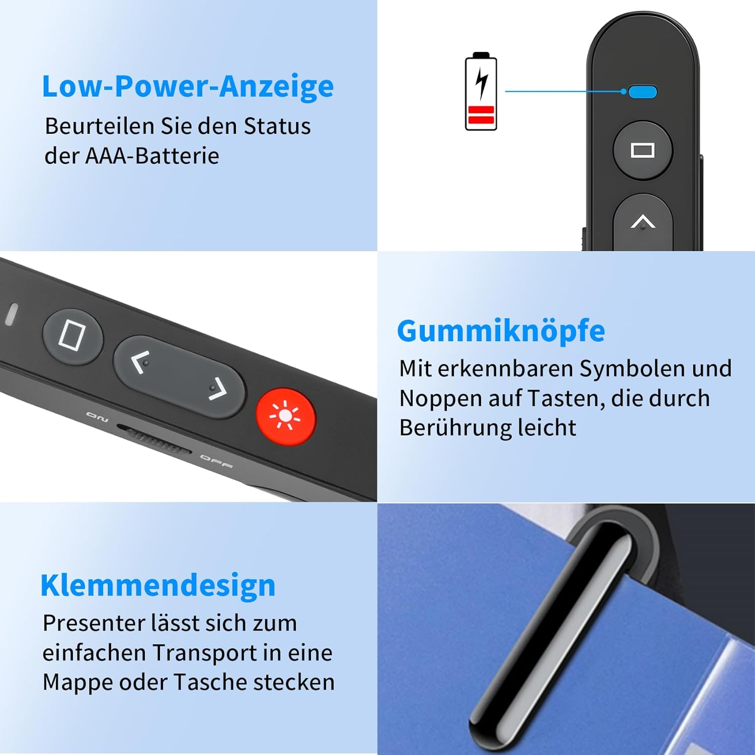 Das Bild zeigt eine Präsentationsfernbedienung mit Tasten, einer Batteriestandsanzeige und Nahaufnahmen, die Funktionen wie Gummiknöpfe und ein Clip-Design hervorheben.