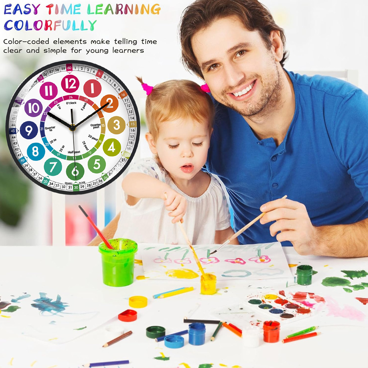 Ein Mann und ein Mädchen malen. An der Wand befindet sich eine Uhr mit farbcodierten Elementen. Farbe und Pinsel liegen auf dem Tisch.