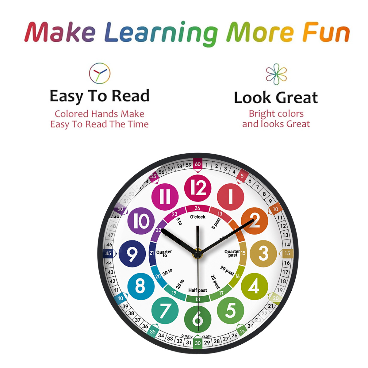 Eine bunte Uhr mit Zahlen und Zeigern, die Uhr zeigt 12:00 Uhr. Text um die Uhr herum sagt 'Make Learning More Fun'.