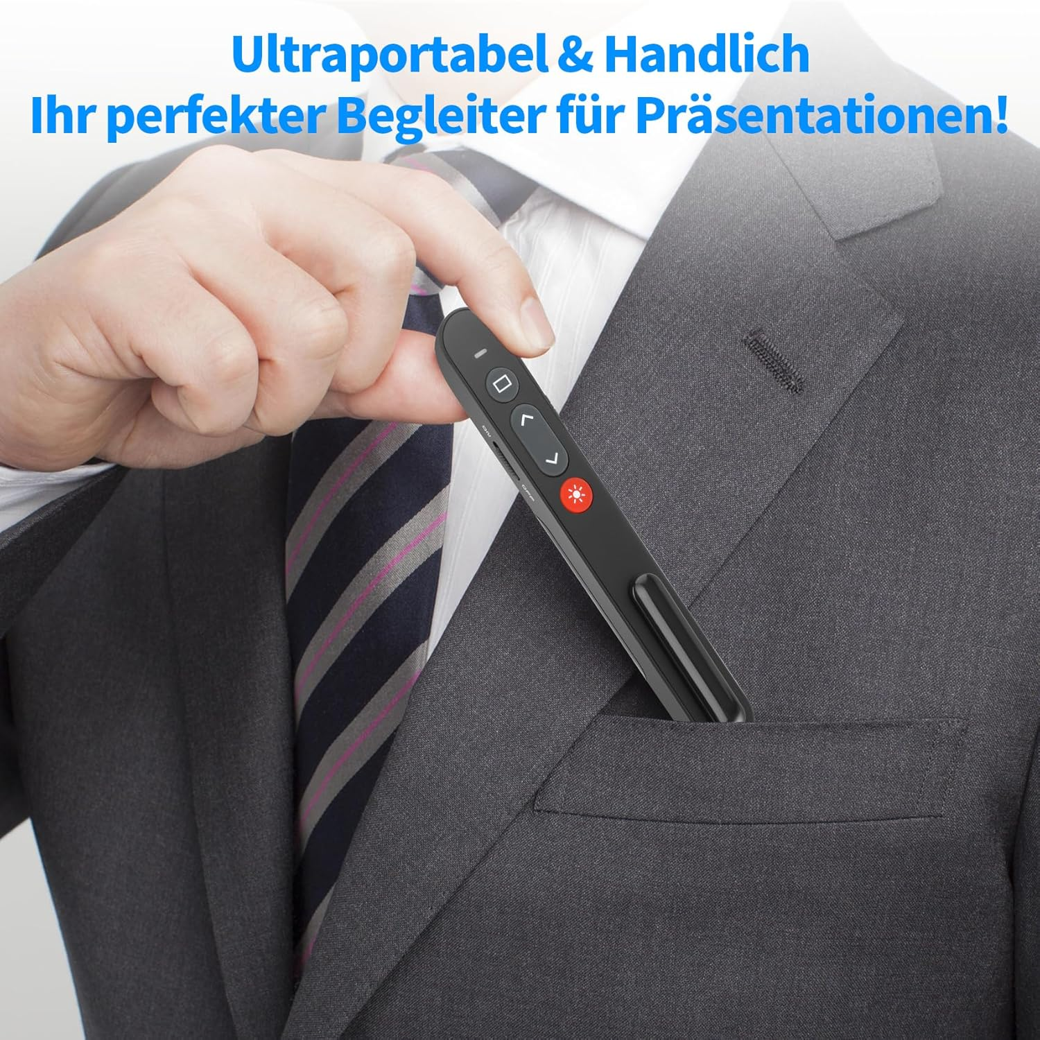 Eine Hand hält eine schwarze Präsentationsfernbedienung und steckt sie in eine Anzugtasche. Der Text lautet: 'Ultraportable & Handy'.