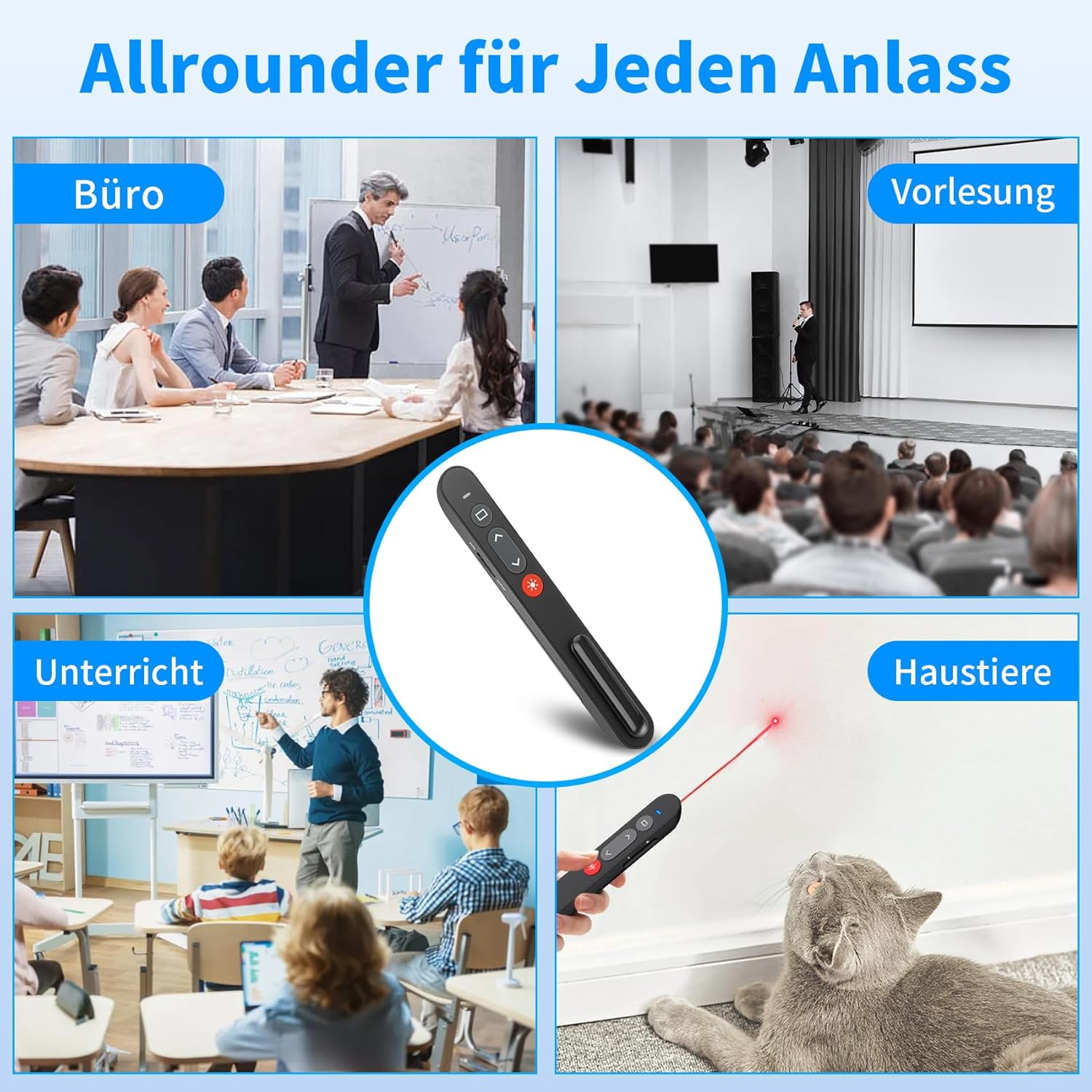 Das Bild zeigt eine Präsentationsfernbedienung. Szenen umfassen ein Meeting, eine Vorlesung, ein Klassenzimmer und eine Katze.