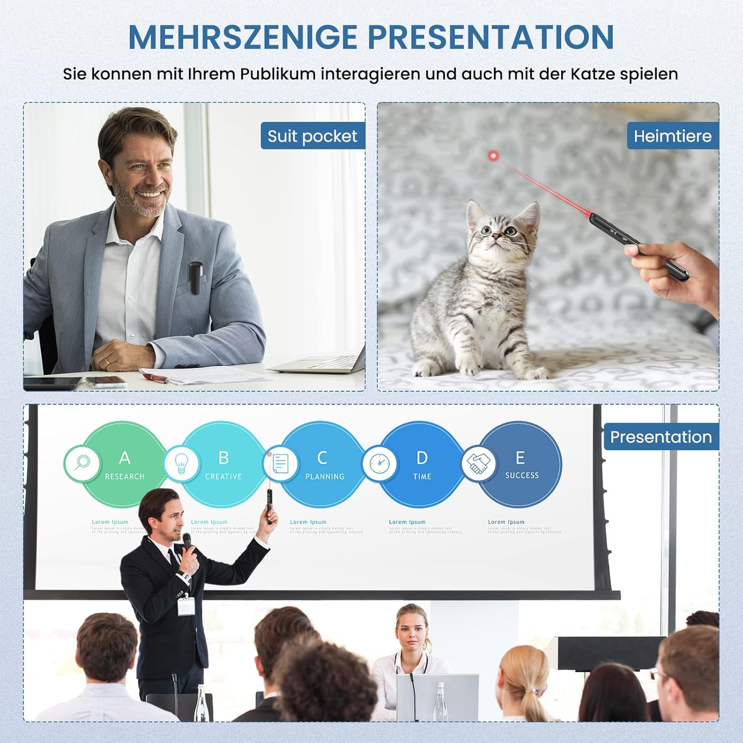 Ein Mann lächelt, eine Katze schaut auf einen Laserpointer und ein Redner spricht vor einem Publikum.