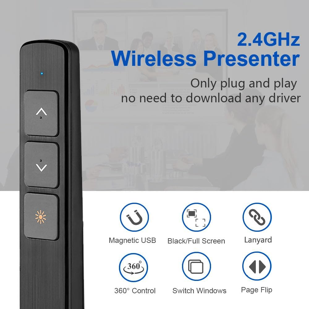 Ein schwarzer drahtloser Präsentationsgerät mit Tasten. Text: 2,4 GHz Wireless Presenter. Funktionen: magnetischer USB, Schwarz/Vollbild, Lanyard usw.