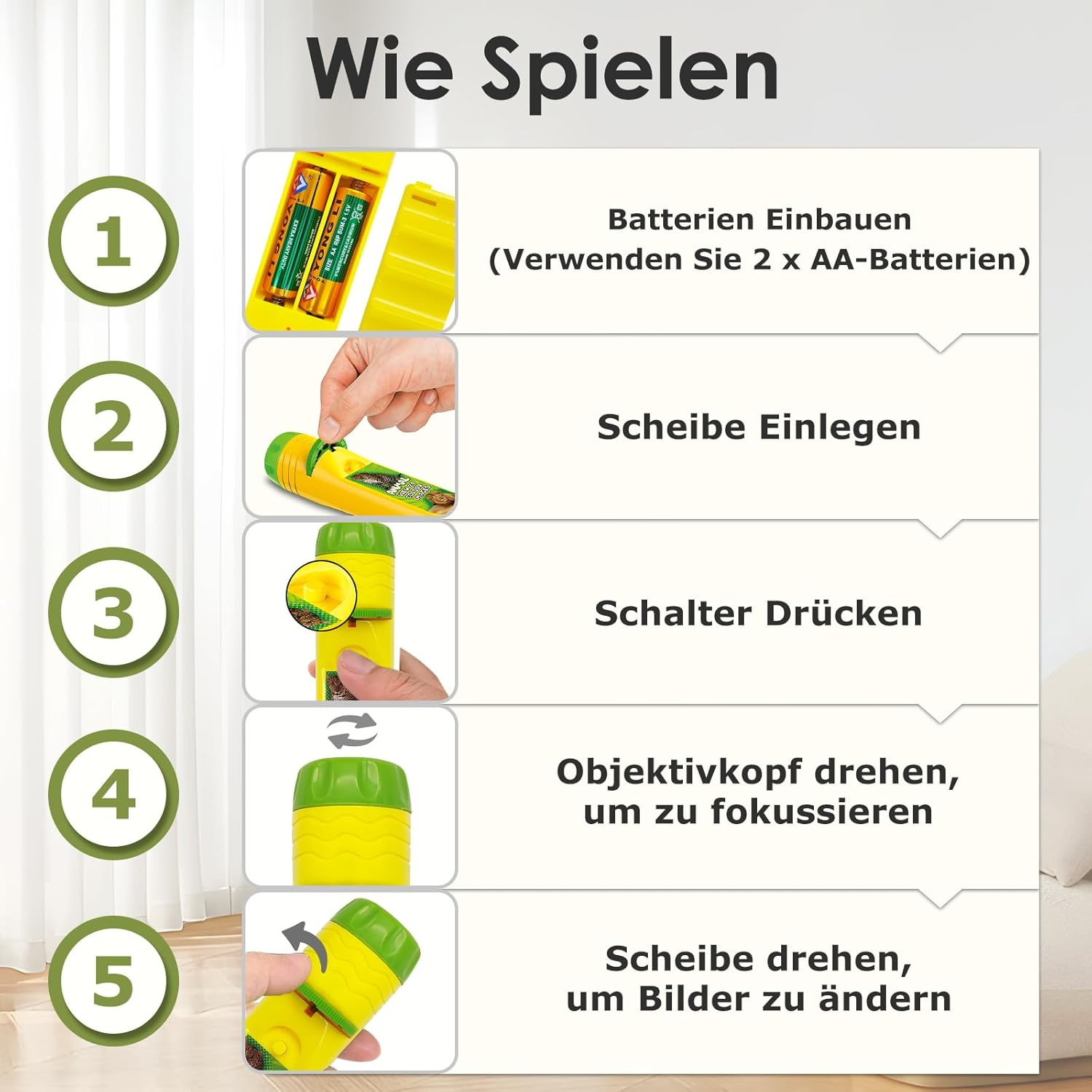 Anleitung für einen Spielzeugprojektor. Schritte umfassen das Einlegen von Batterien, einer Scheibe, das Drücken eines Schalters, Fokussieren und Bildwechsel.