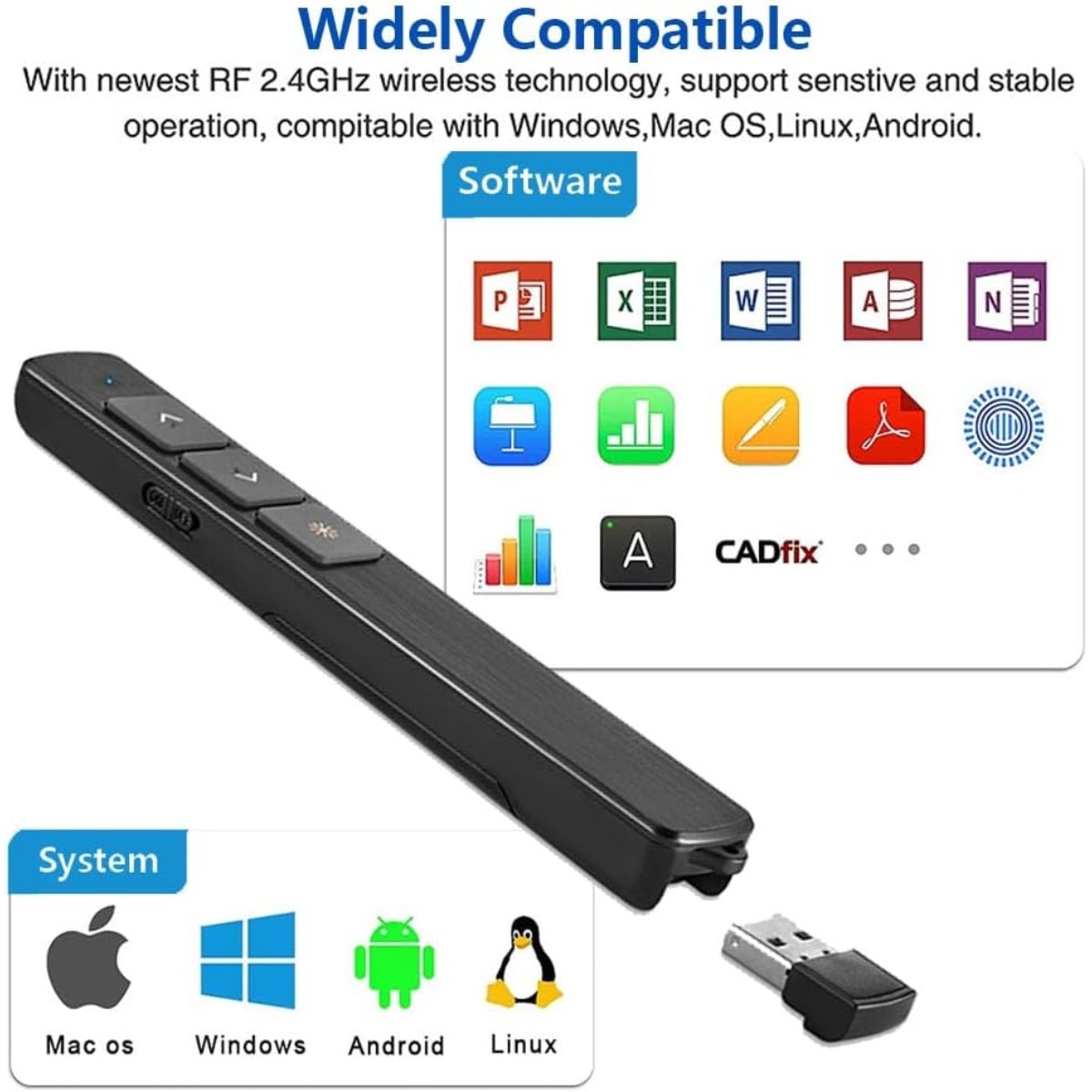Eine schwarze Präsentationsfernbedienung mit Tasten und einem USB-Empfänger. Symbole für Software- und Betriebssystemkompatibilität.