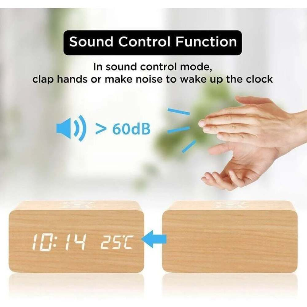 Das Bild zeigt eine Uhr mit Tonkontrolle. Eine Hand klatscht. Die Uhr zeigt Uhrzeit und Temperatur an. Text sagt <gt/>60dB.