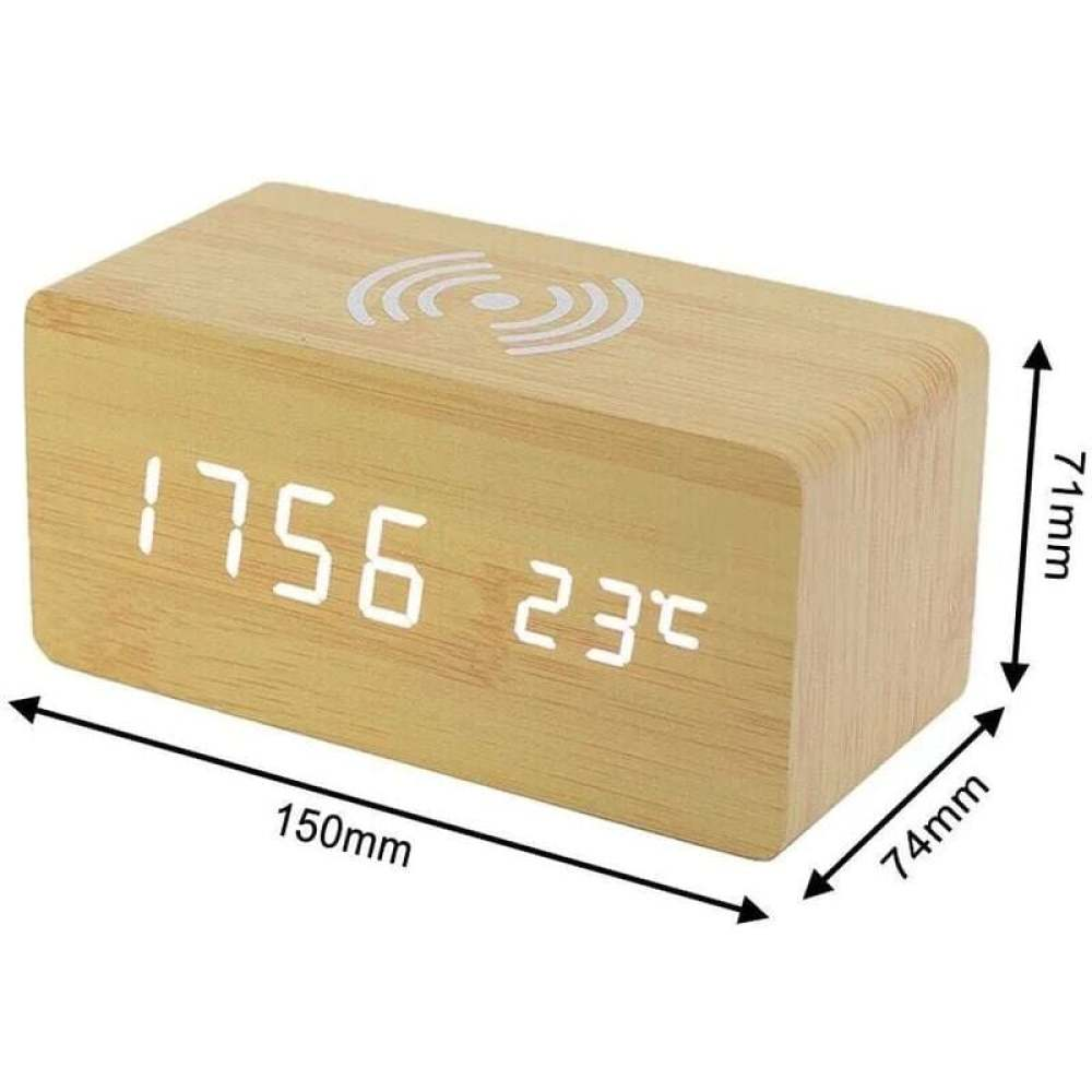 Eine digitale Holzuhr zeigt 17:56 und 23°C an. Sie hat die Maße 150mm x 74mm x 71mm. Oben befindet sich ein Symbol für kabelloses Laden.