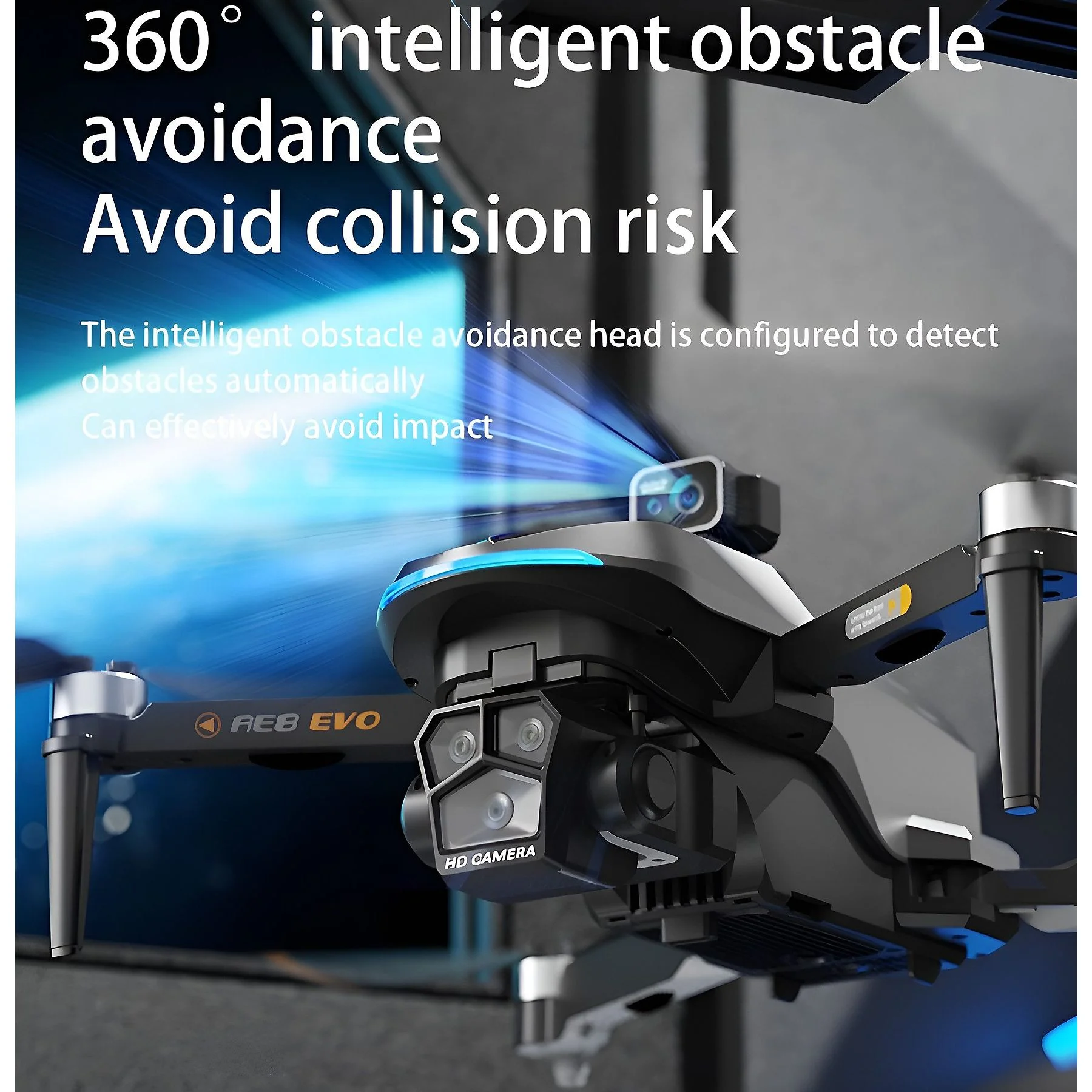 Eine schwarze Drohne mit Kamera. Text zeigt '360° intelligente Hindernisvermeidung' und 'HD CAMERA'.