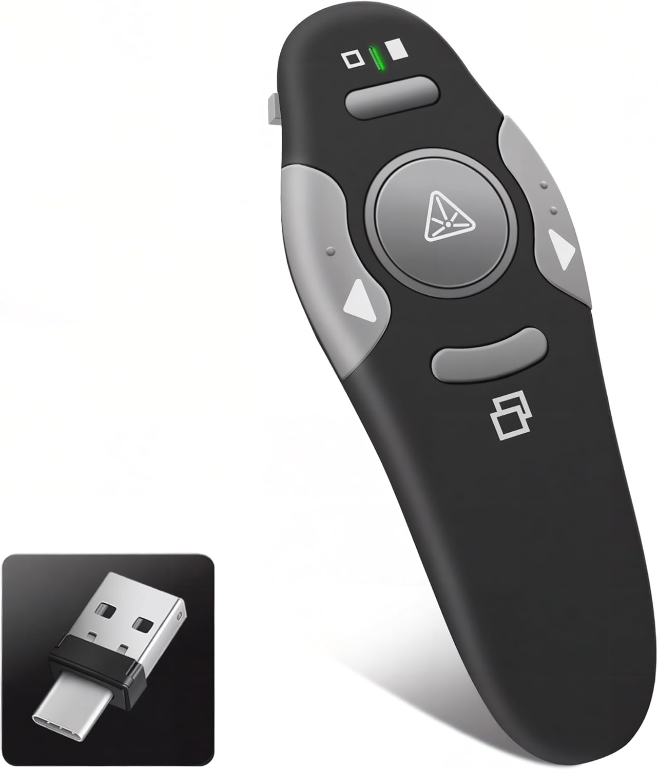 Schwarze Präsentationsfernbedienung mit silbernen Tasten und einem USB-C-Adapter. Ein weißer Hintergrund. Die Fernbedienung hat ein Laserpointer-Symbol.