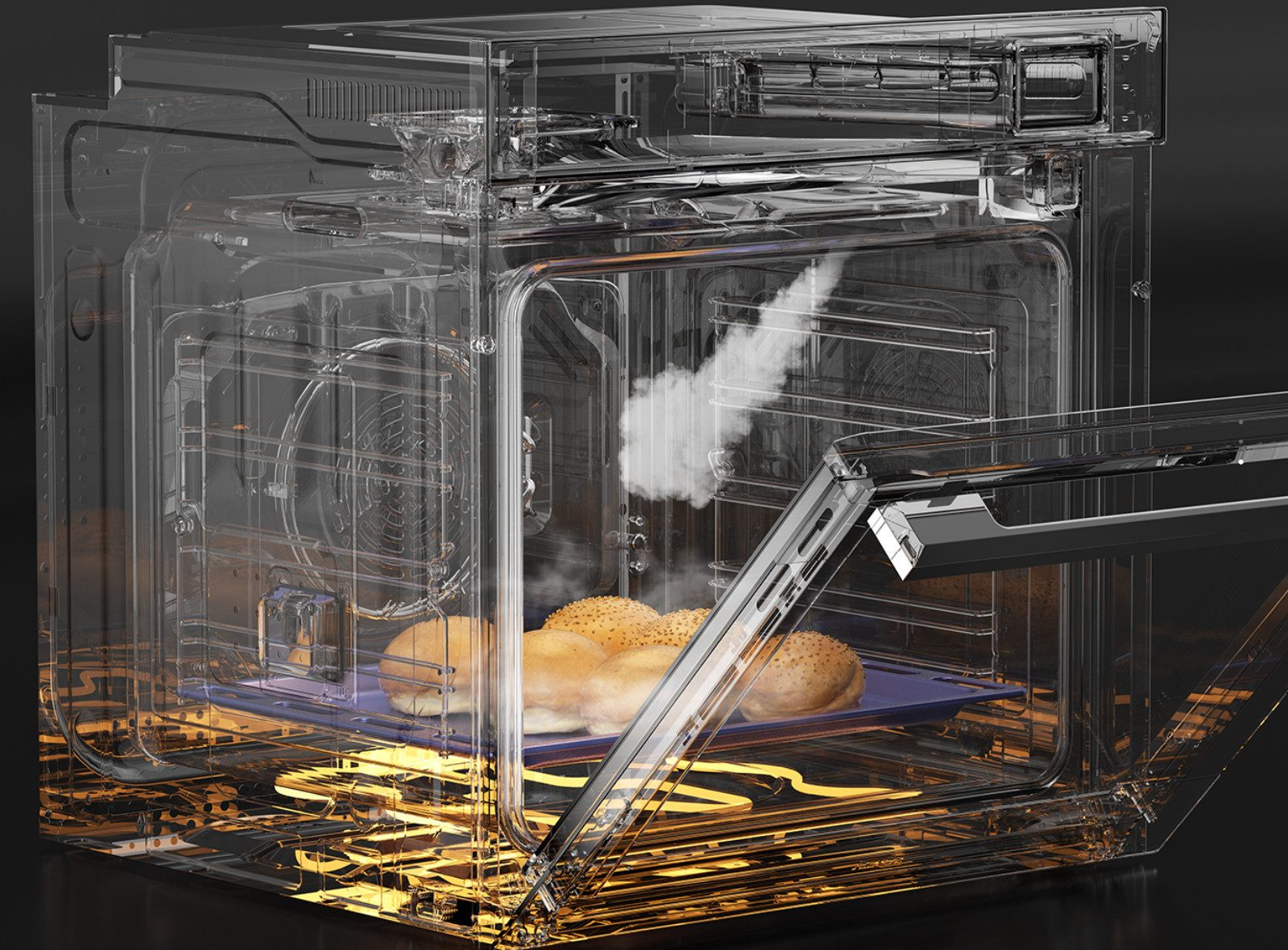 Transparenter Ofen mit Brot. Dampf steigt auf. Backofentür offen. Goldene Heizelemente sind sichtbar.