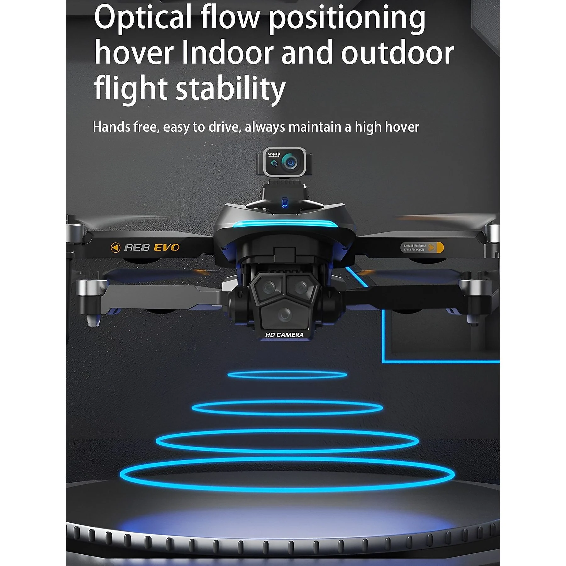 Eine Drohne mit HD-Kamera. Die Drohne ist schwarz und hat blaue Lichter. Text: Optischer Fluss, Indoor- und Outdoor-Flug.