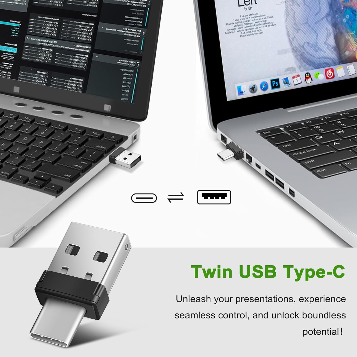 Zwei Laptops mit USB Typ-C Adaptern. Der Hintergrund zeigt eine Werbung mit dem Text 'Twin USB Type-C'.