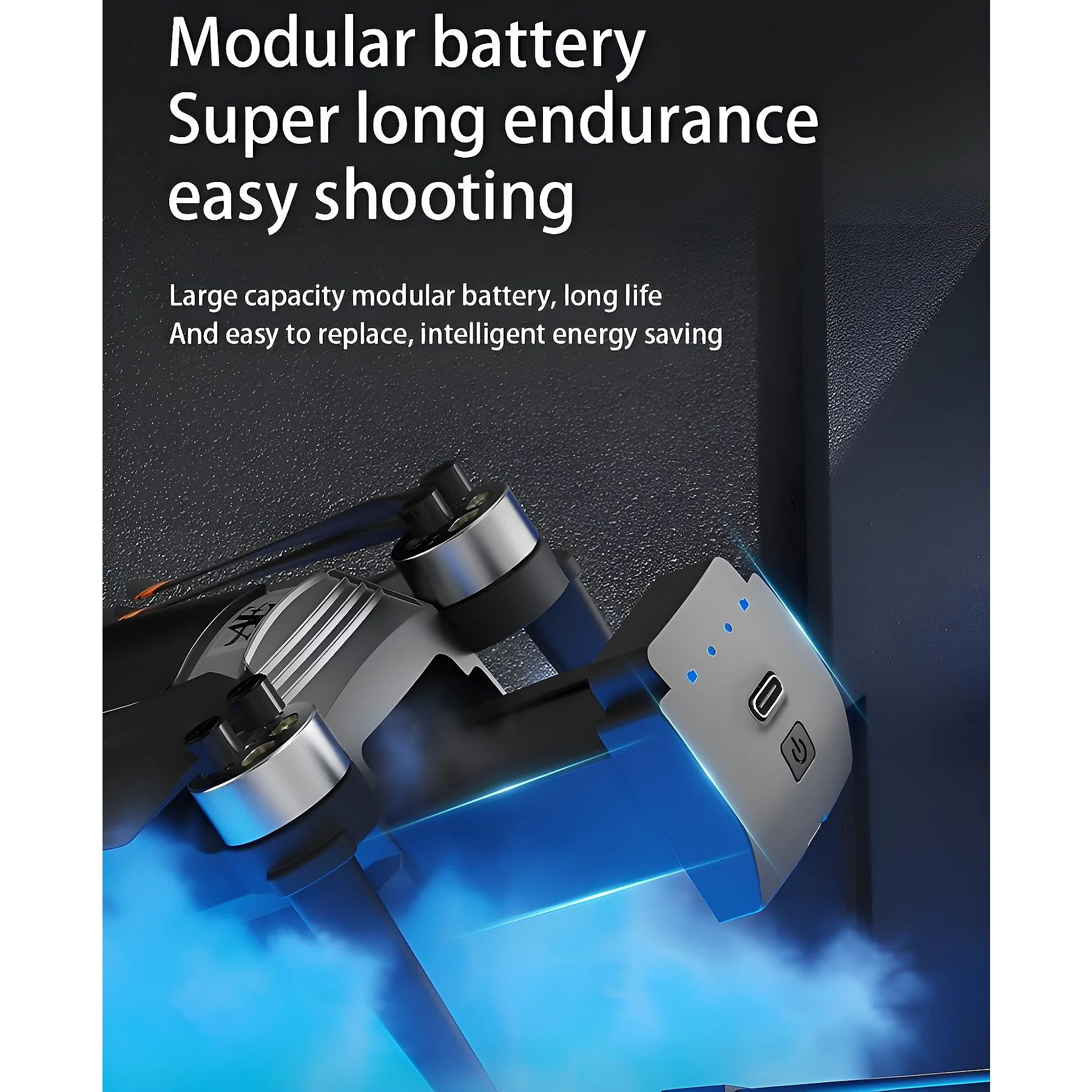 Drohnenbatterie, silber und schwarz, mit Ladeanschluss und Power-Taste, blau beleuchtet.