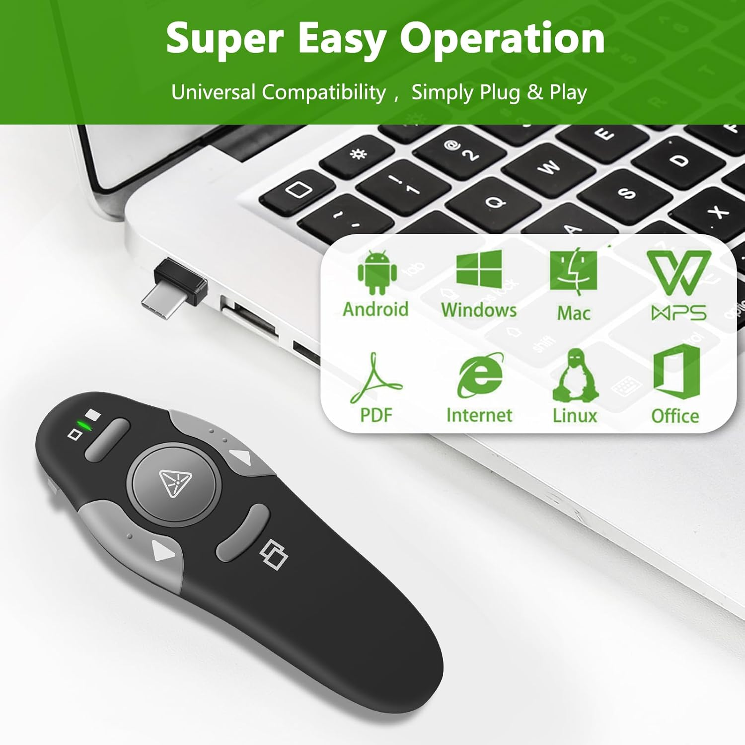 Eine schwarze Präsentationsfernbedienung und ein USB-C-Empfänger liegen auf einer Laptop-Tastatur. Symbole für Android, Windows, Mac und Office sind sichtbar.