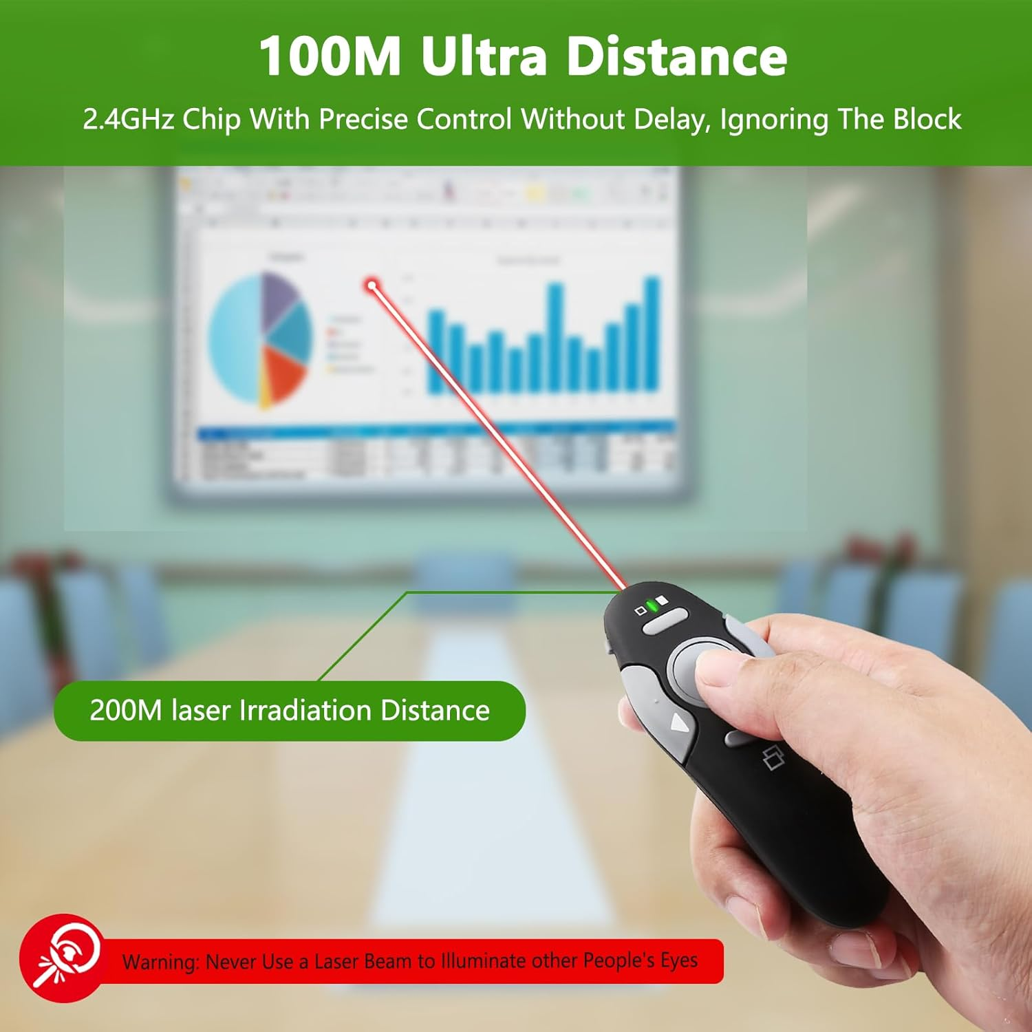 Eine Hand hält einen schwarzen Präsentations-Controller. Ein roter Laserpointer zeigt auf einen Bildschirm mit Diagrammen. Text zeigt 200M Entfernung.