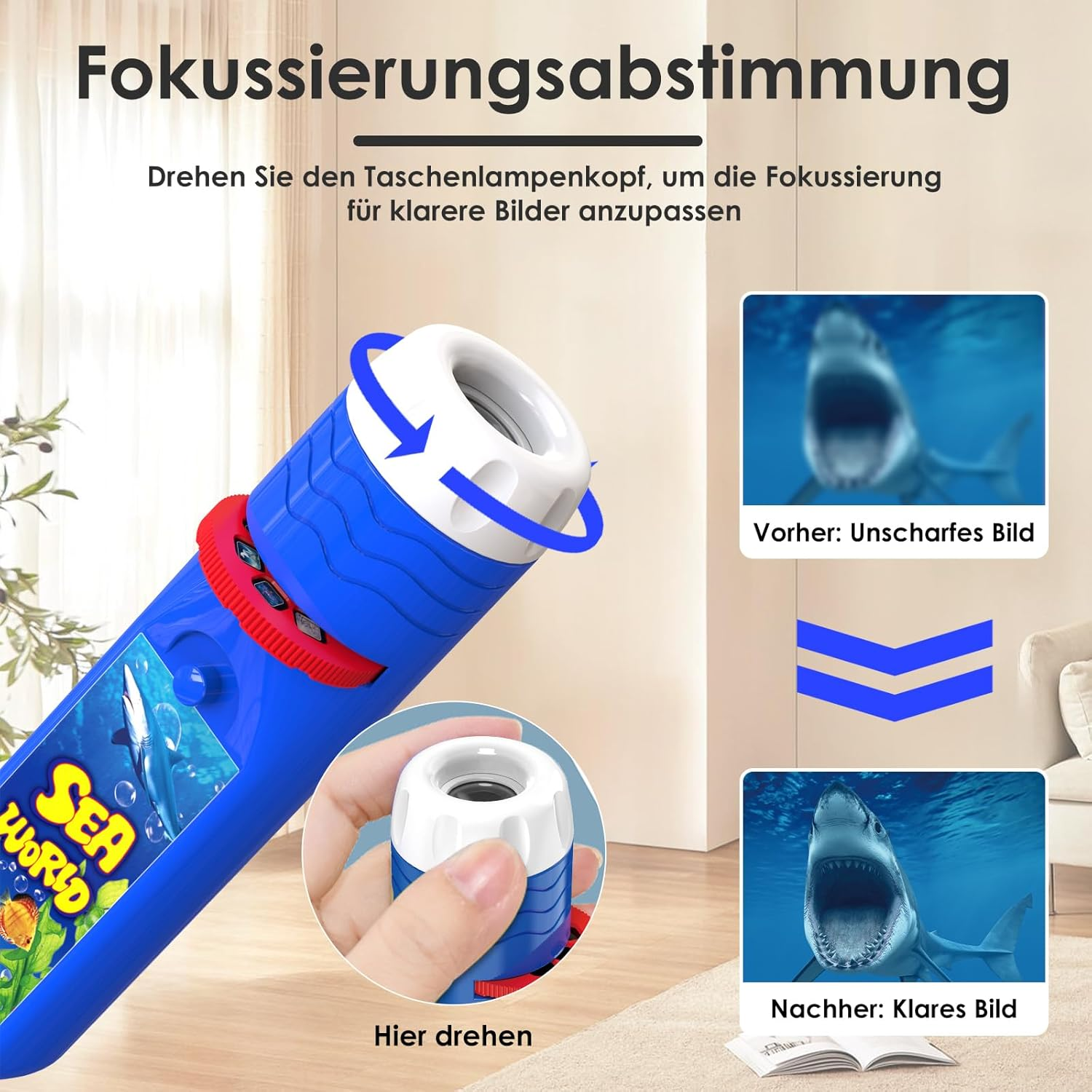 Eine blau-weiße Taschenlampe mit 'Sea World'-Etikett. Zeigt, wie man den Fokus für klare Bilder einstellt. Haibilder werden gezeigt.