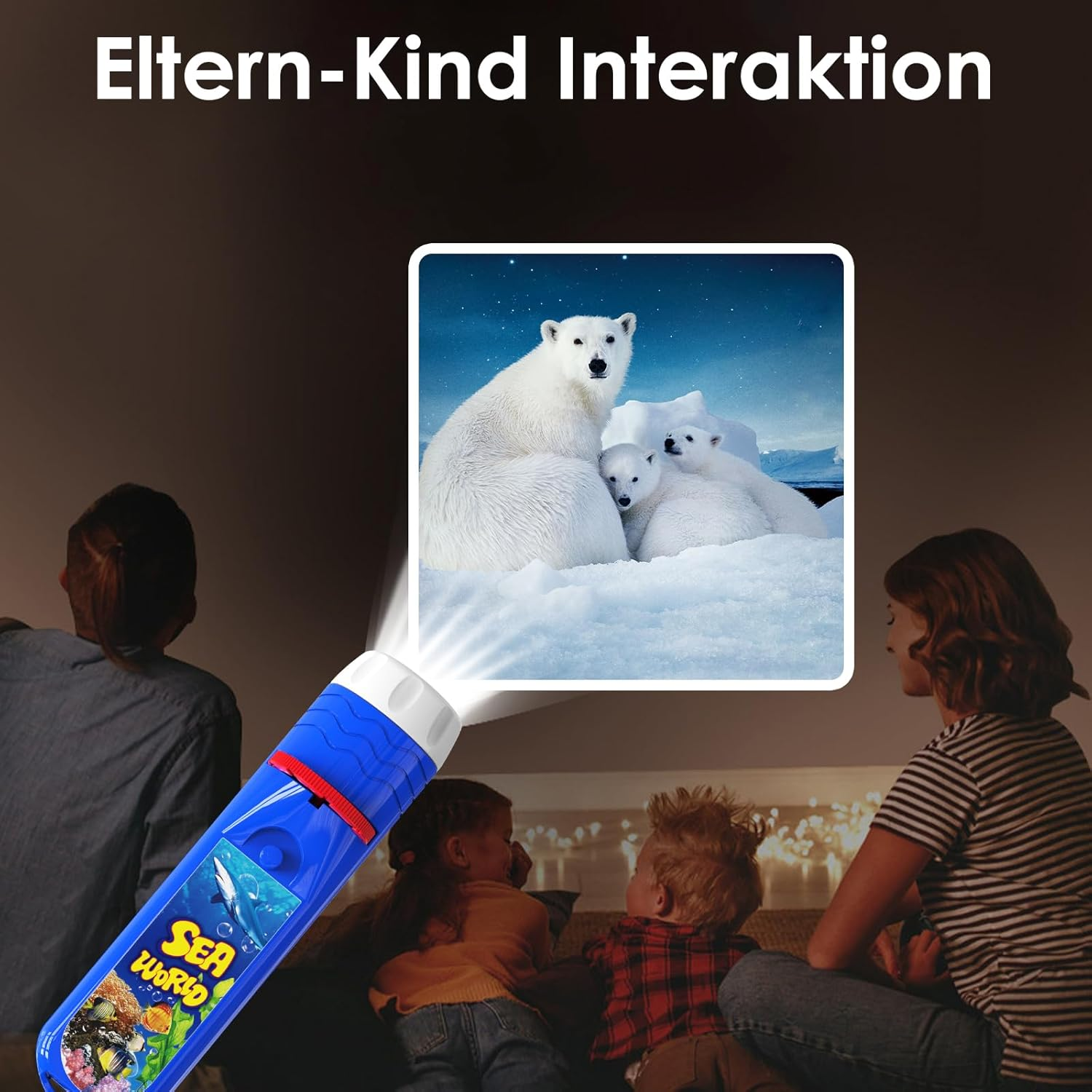 Ein Projektor zeigt Kindern und Eltern Eisbären. Der Projektor ist blau und weiß.