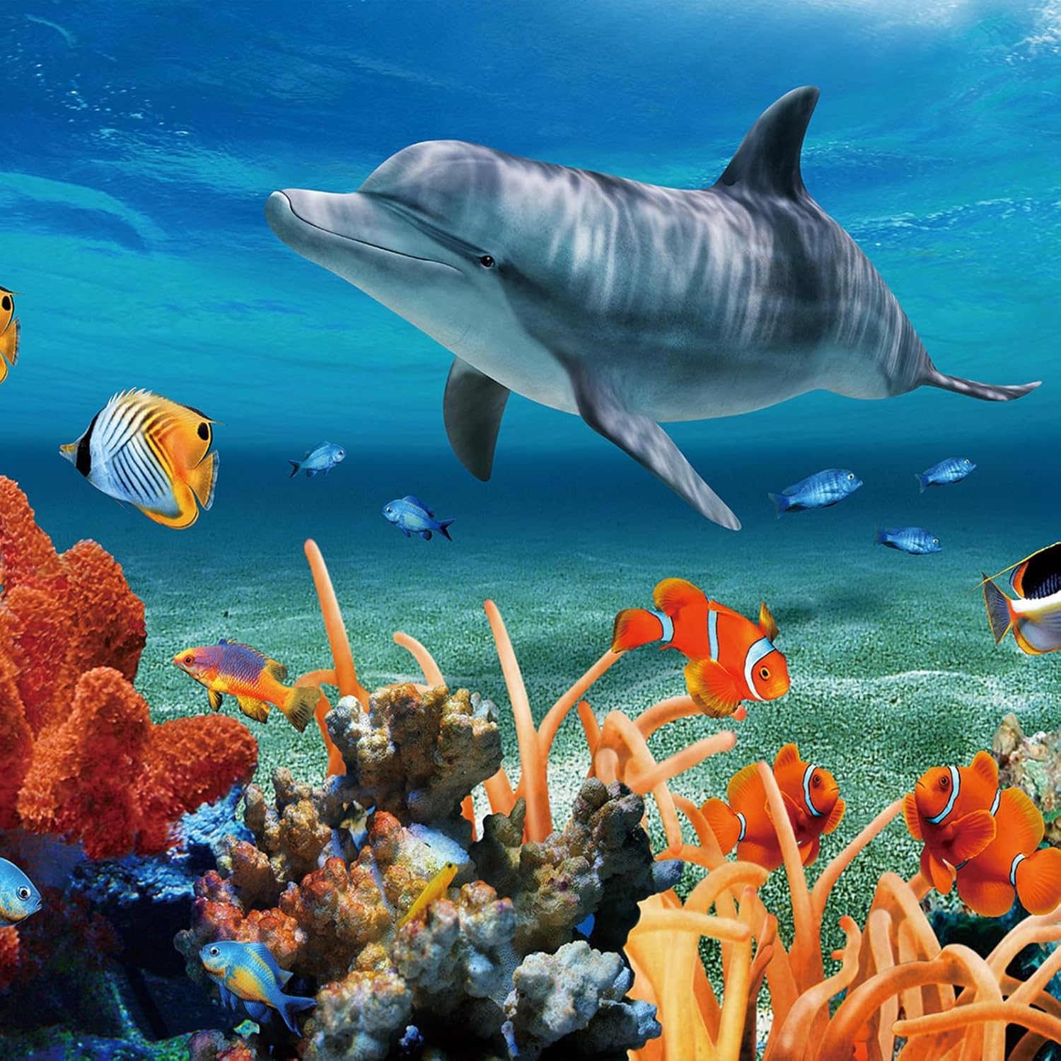 Ein Delphin schwimmt über bunten Korallen und verschiedenen Fischen unter Wasser. Die Szene ist hell, mit blauem Meereshintergrund.