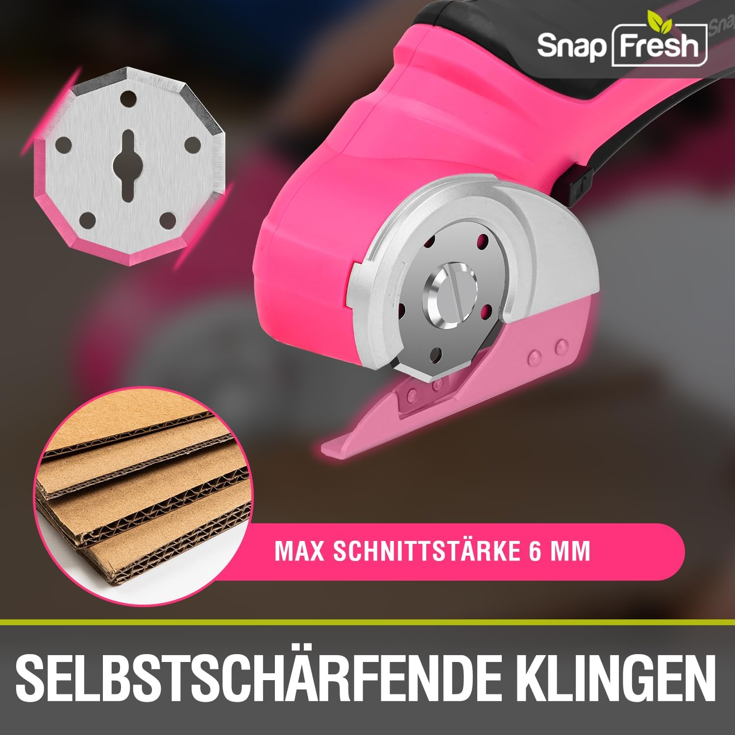 Ein pinkfarbener Snap Fresh-Cutter mit silberner Klinge und Ersatzklinge. Karton wird gezeigt, und der Text lautet: MAX SCHNITTSTÄRKE 6 MM und SELBSTSCHÄRFENDE KLINGEN.