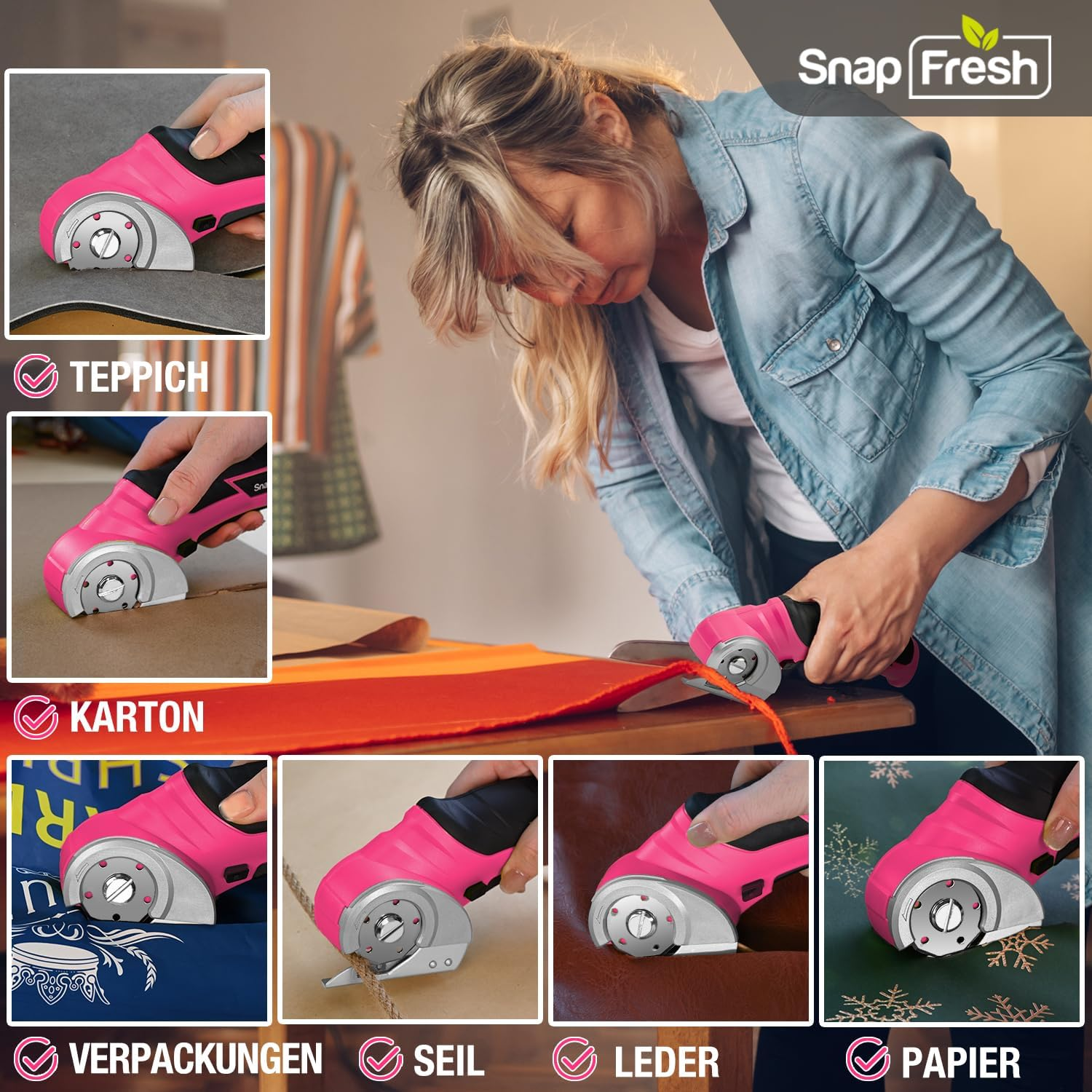 Eine Frau schneidet mit einem rosa Rotationsschneider verschiedene Materialien: Teppich, Pappe, Verpackung, Seil, Leder und Papier.
